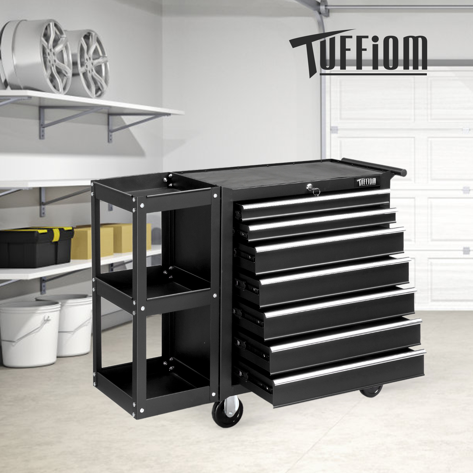 

7-drawer Rolling Tool Chest With Side Shelves, Tool Service Cart Storage Side Cabinet With Wheels, Top Cushion & Drawer Liners, Tool Organizer Box For Garage, Warehouse &