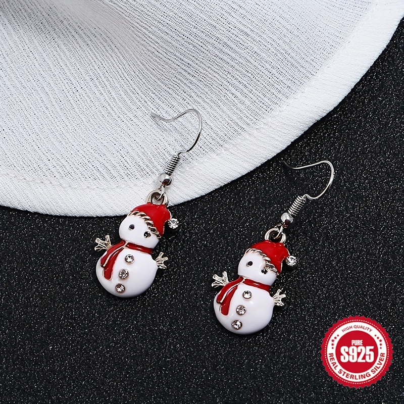 

S925 Snowman Dangle Earrings - Rhinestone Decor, Christmas , Vacation Ear Ornaments With Design, Sparkling Accents, And Construction For Women And Girls