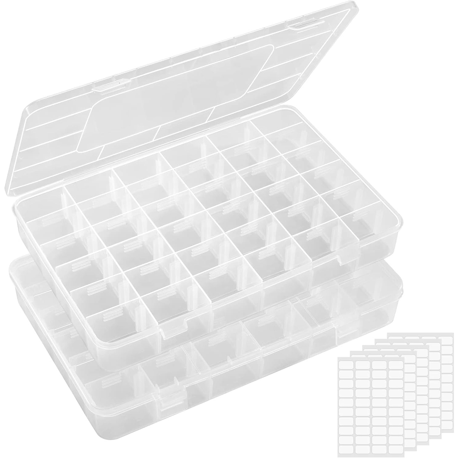 

2 Pack 36 Grids Clear Stackable Plastic Organizer Storage Box Container With Adjustable Dividers For Beads, Art Diy,jewelry,crafts, Fishing Tackle With 5 Sheet Label Stickers