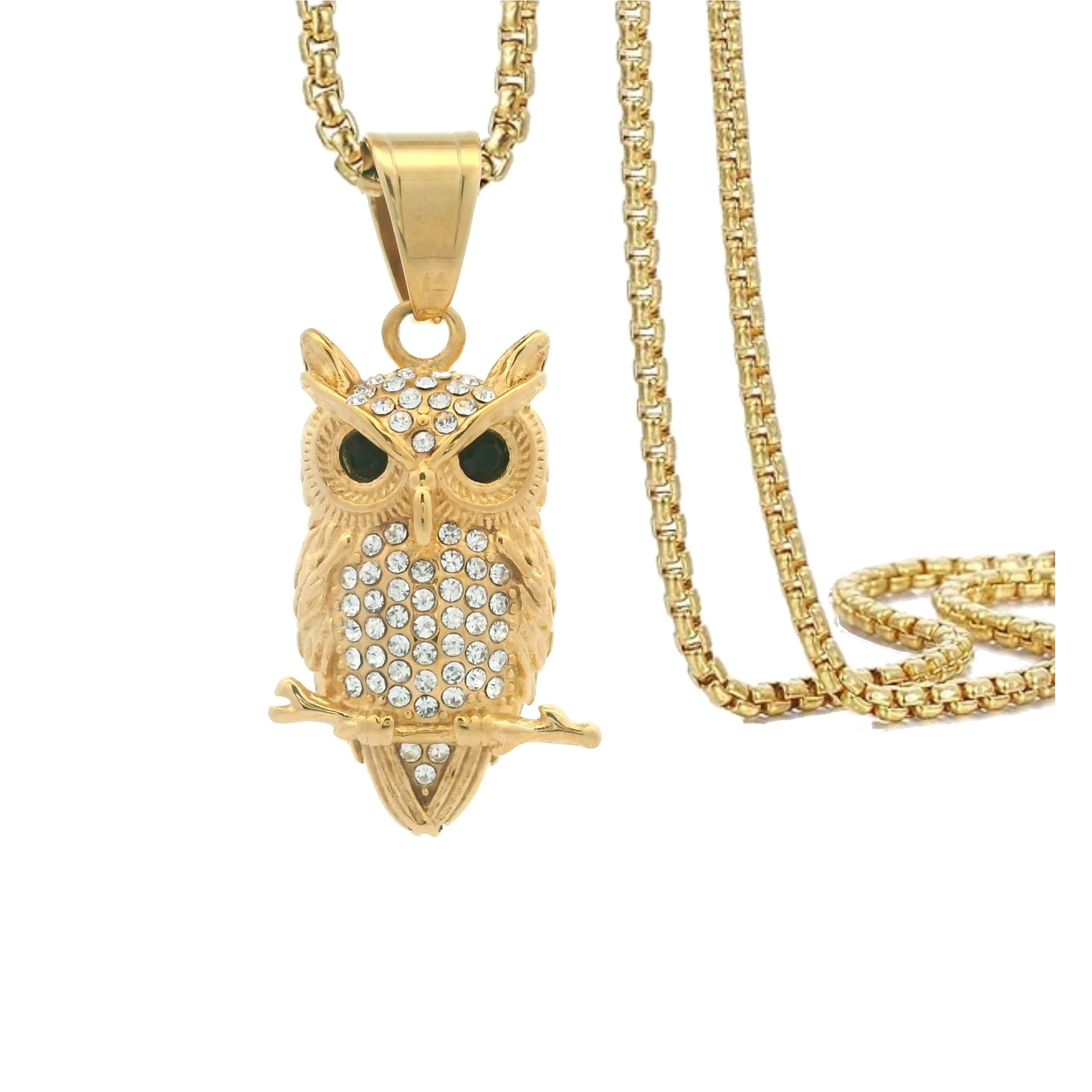 TEMU Cz Owl Stainless Steel 14k Yellow Gold Plated Pendant Necklace With 24 Inch Box Chain