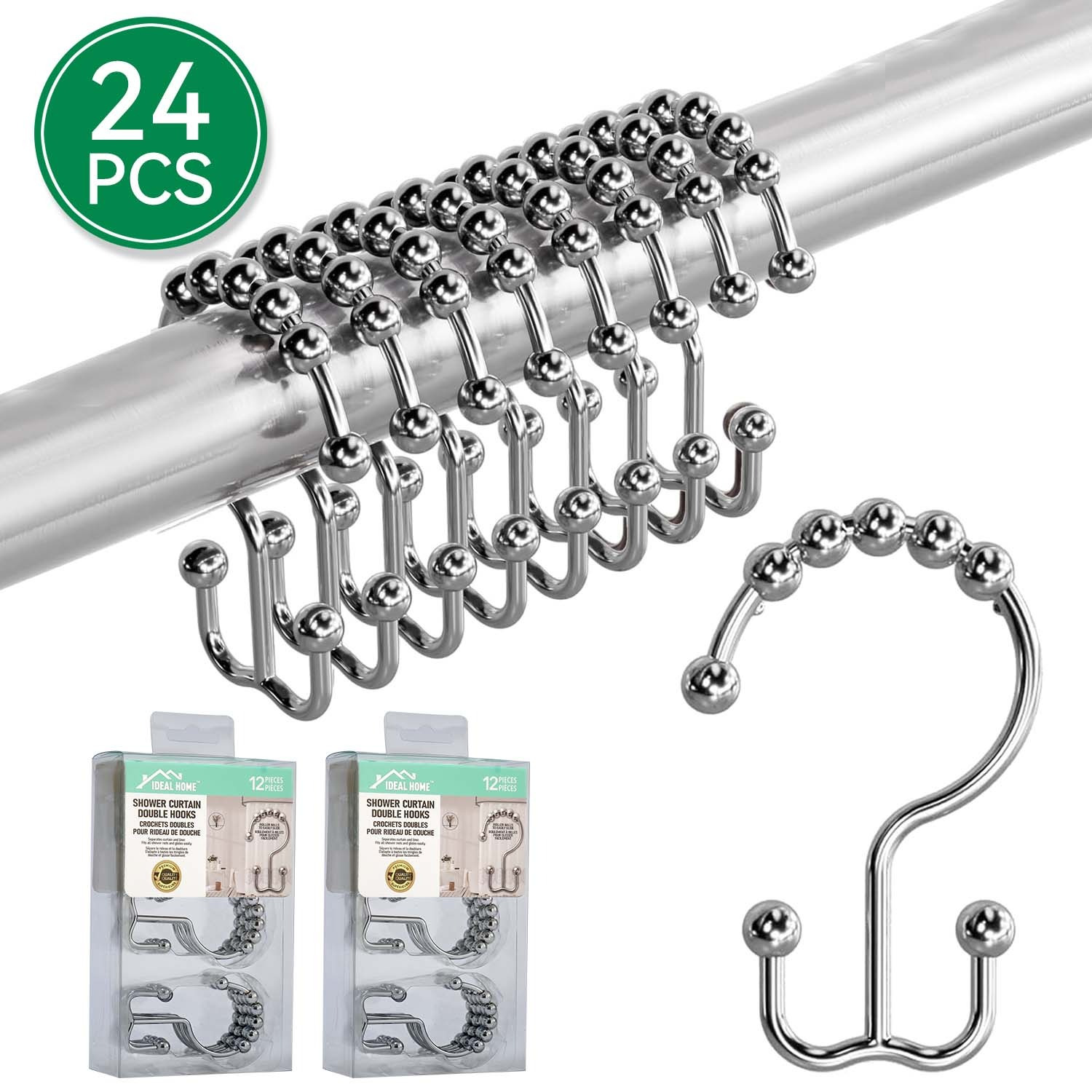 TEMU 24pcs Double Glide Hooks Set, Rust-resistant Metal, For Bathroom Shower Rods Curtains, Kitchen Racks, Cabinets And - Silver, Chrome, Black