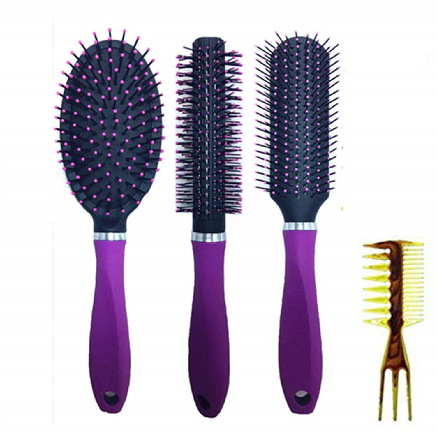 

3 Pc Hair Brush, Detangling Brush Professional De-, Straightening, Styling & Drying For Women, Men, Kids, Purple, With Comb