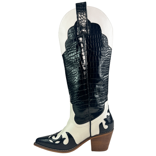aridergirl womens western cowboy knee high boots crocodile printed chunky stacked heel pointed toe boots