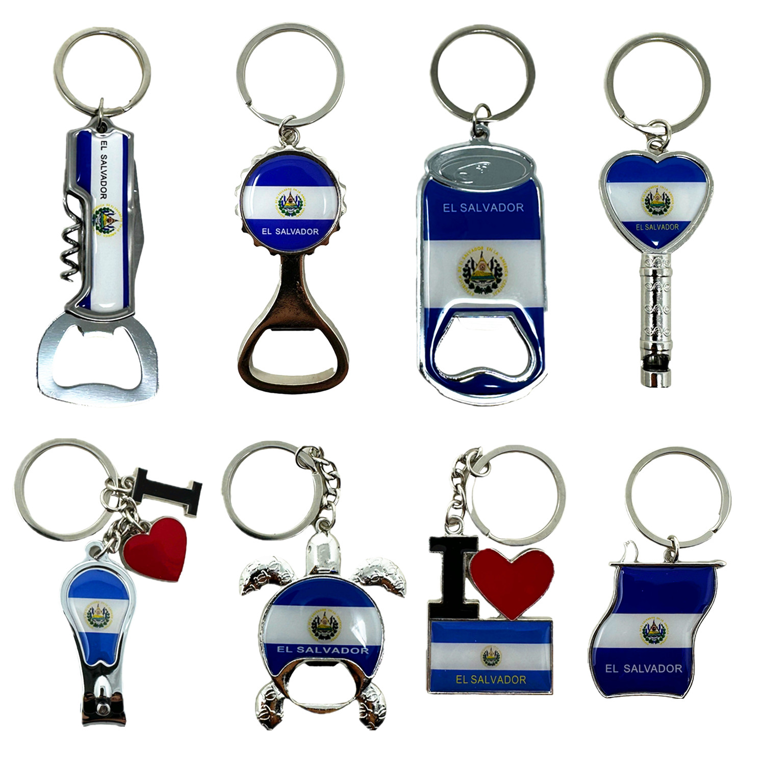 

8 Pack El Salvador Keychains Country Metal Keychain, 4 Bottle , Heart-shaped Whistle, Bottle Cap, Flag, Turtle, Etc. Souvenir Keychains, Gift, Bulk