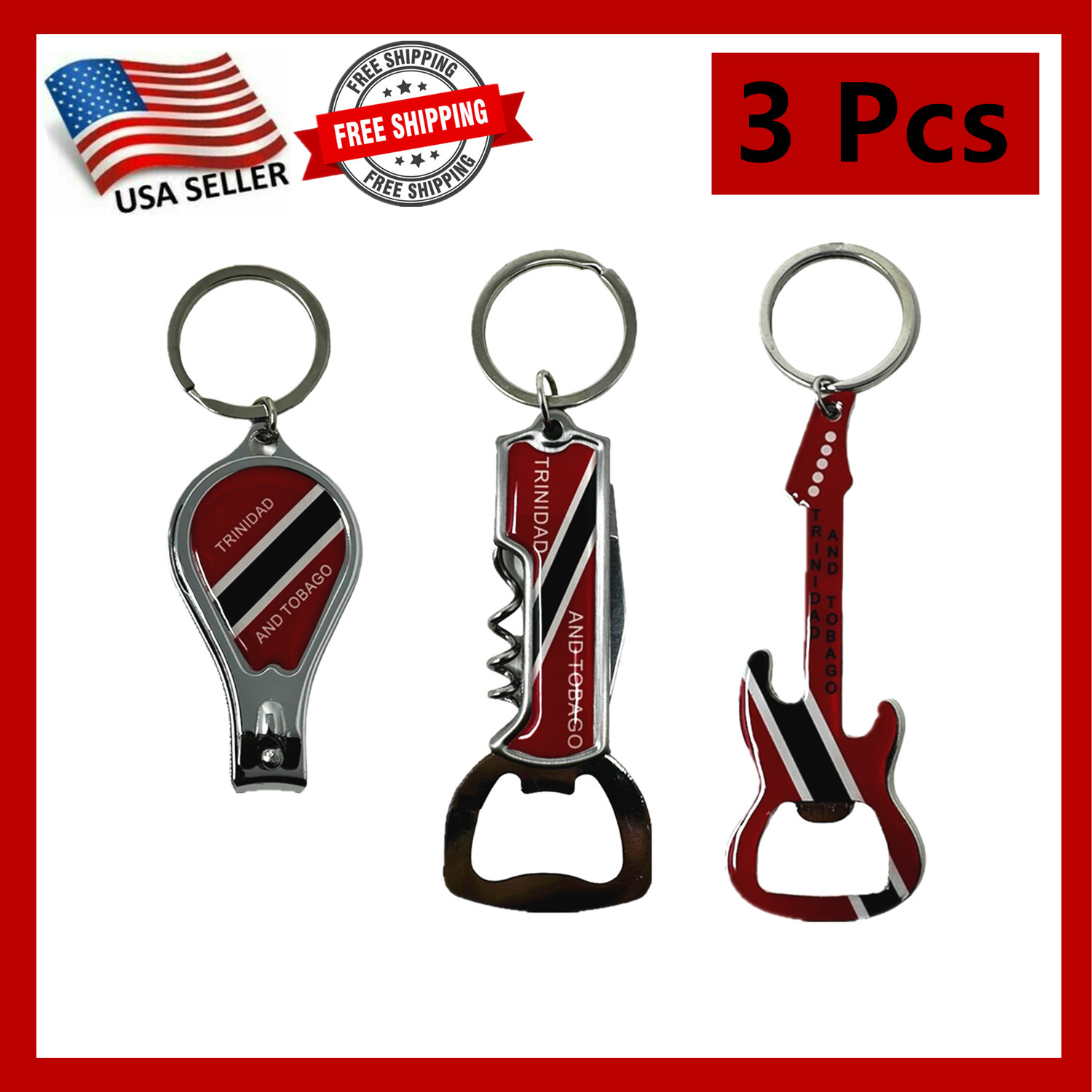 

Pack Of 3 Trinidad And Tobago Keychains, Country Metal Keychain, 3 Bottle , Nail Clipper, Guitar, Patriotic Souvenir Keychains, Car Keys, Gift, Bulk