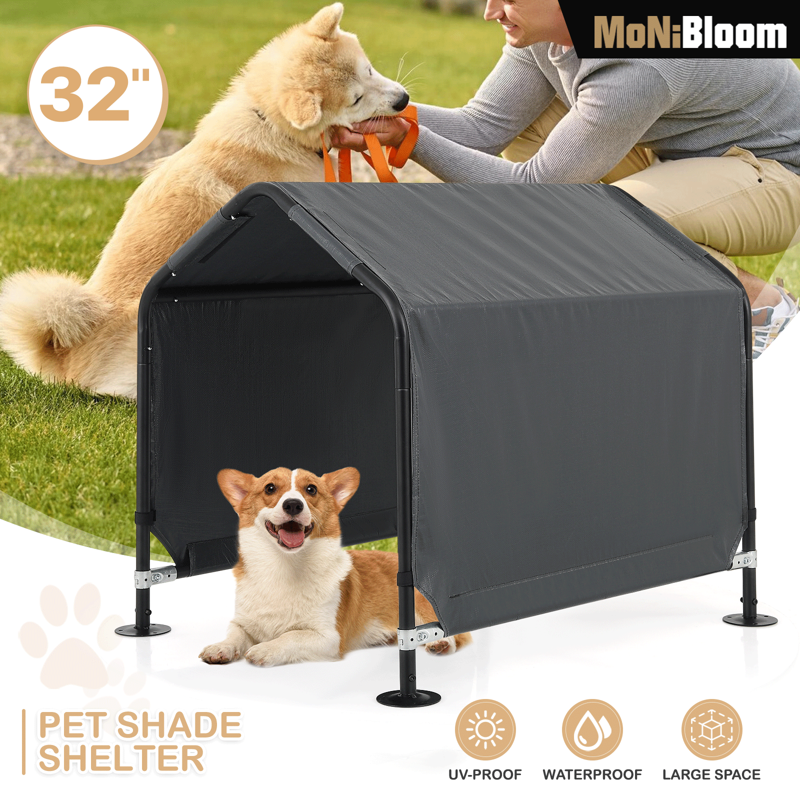 

32"x30"x27"gray Dog Shade Shelter Cooling Outdoor Pet Tent W/ground Nails