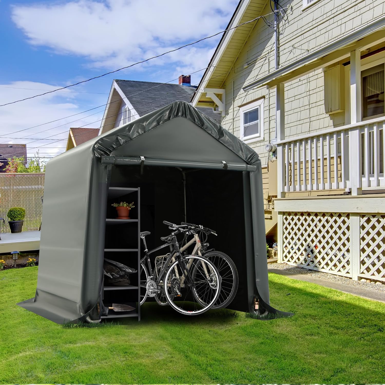 

Portable Storage Shed 6x6ft, Heavy Duty Outdoor Storage Shed With Rolled Up Zipper Door, Carport For Bikes, Motorcycles, Outdoor Tools