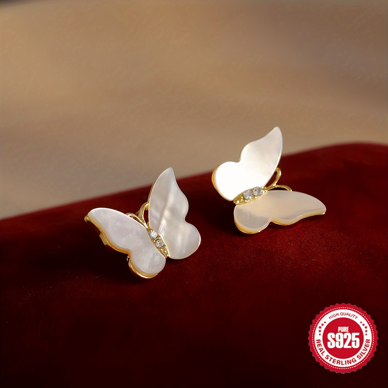 

S925 Elegant Stud Earrings, Natural Shells With Sparkling Crystals, Jewelry For Women