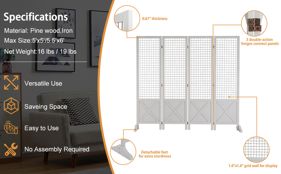 VINGLI Room Divider Freestanding Grid Wall, 4 Panel Folding Display Board Organizer with Base Feet, Decorative Wooden Frame Wire Grid Screens for Craft Shows Events Retail