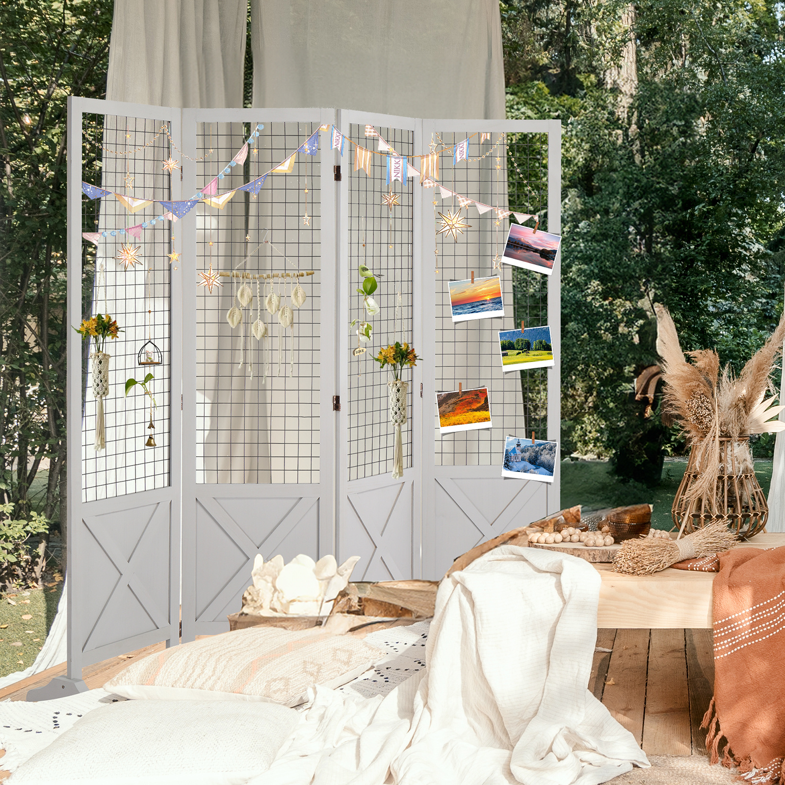 VINGLI Room Divider Freestanding Grid Wall, 4 Panel Folding Display Board Organizer with Base Feet, Decorative Wooden Frame Wire Grid Screens for Craft Shows Events Retail