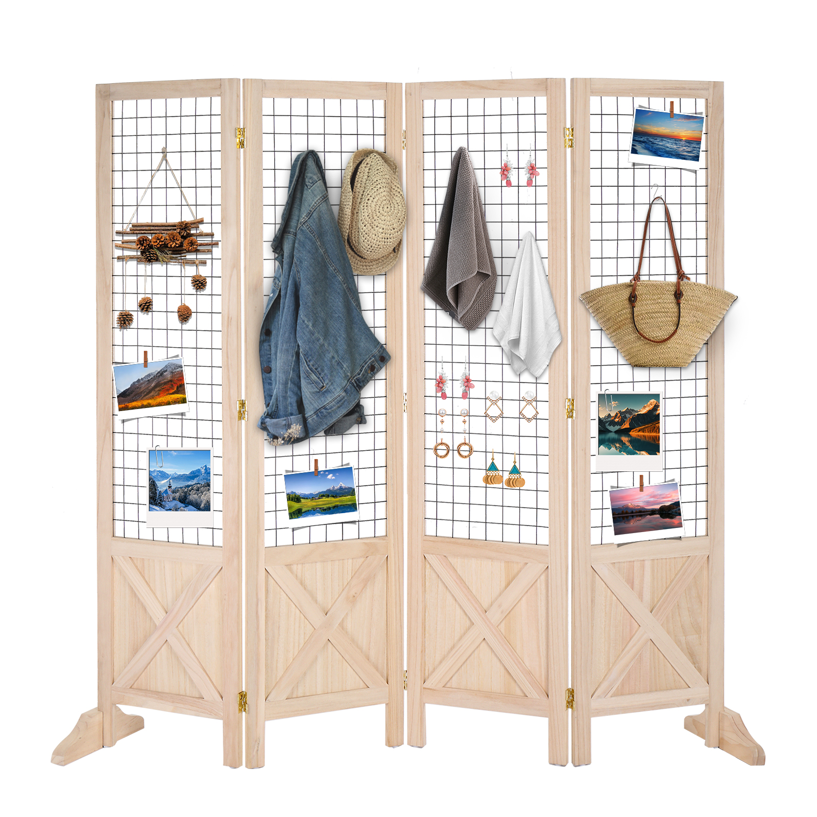 

Room Divider Freestanding Grid Wall, Board Organizer With Base Feet, Decorative Wooden Frame Wire Grid Screens For Craft Shows Events Retail