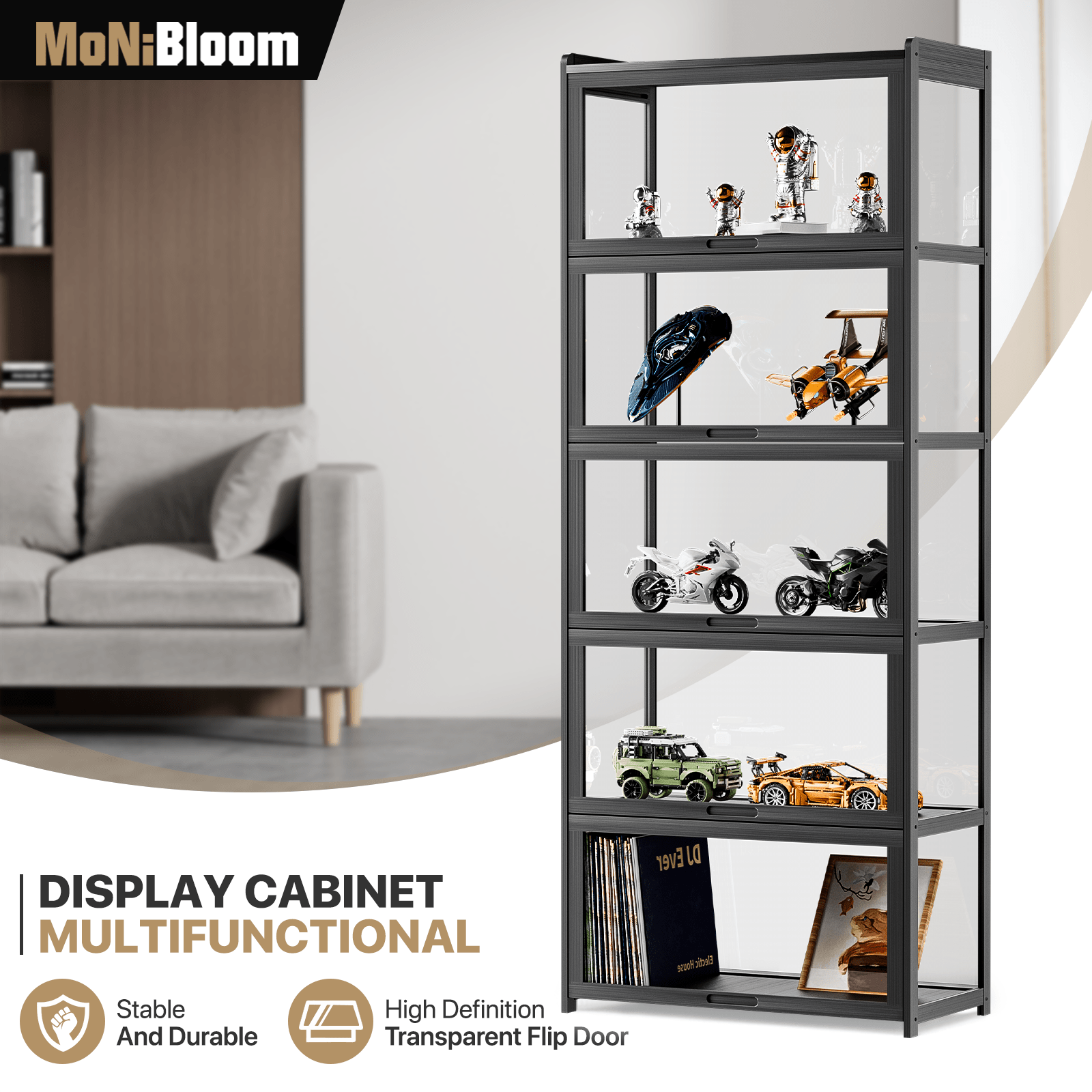 

Monibloom 67.5" Display Cabinet With Doors, 5-tier Bamboo Storage Cabinet Shelf Collectibles Toy Display Case For Living Room