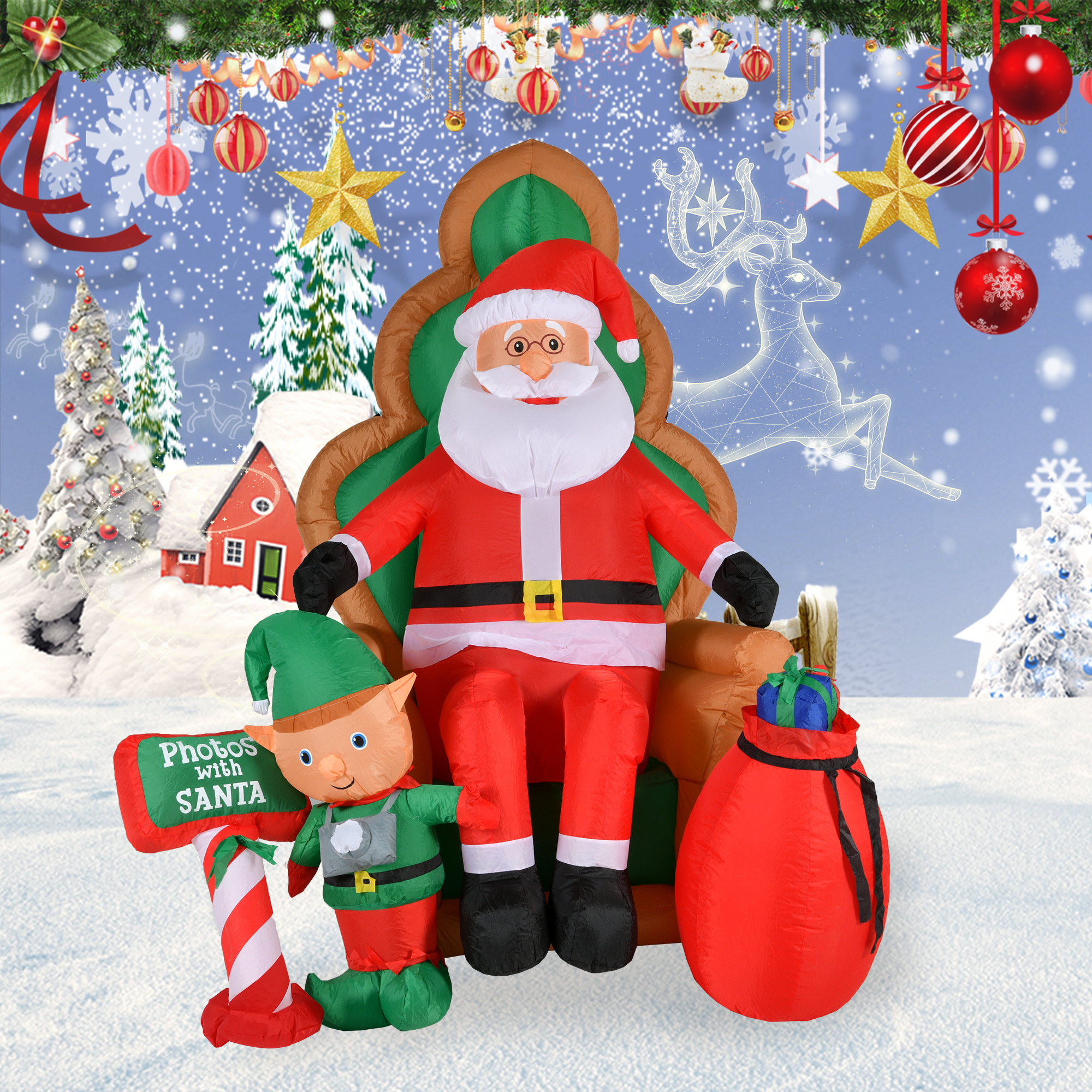 

6ft Height Christmas Inflatable Santa Claus On Chair With Elf Built-in Led Light Blow Up Outdoor Lawn Yard