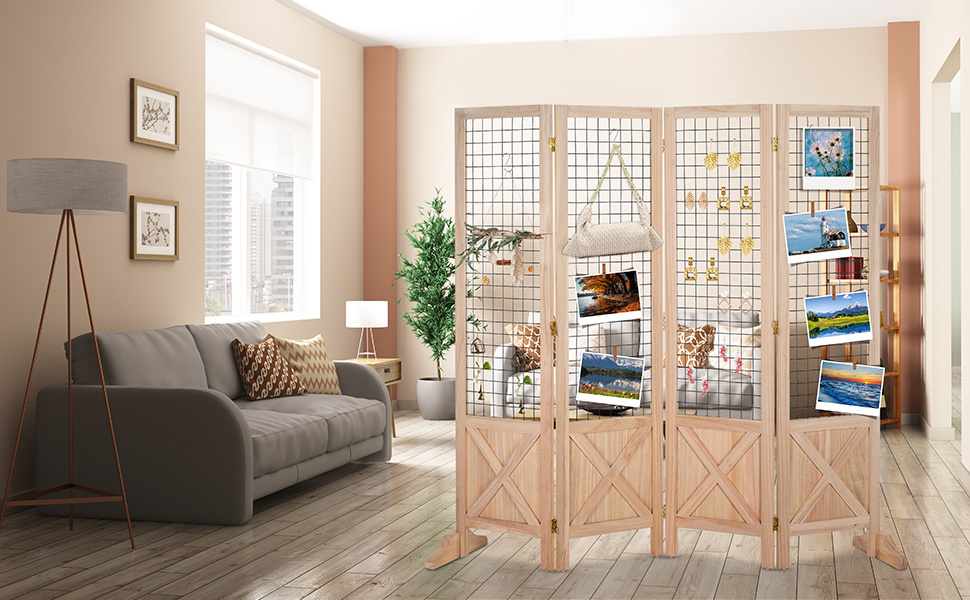 VINGLI Room Divider Freestanding Grid Wall, 4 Panel Folding Display Board Organizer with Base Feet, Decorative Wooden Frame Wire Grid Screens for Craft Shows Events Retail