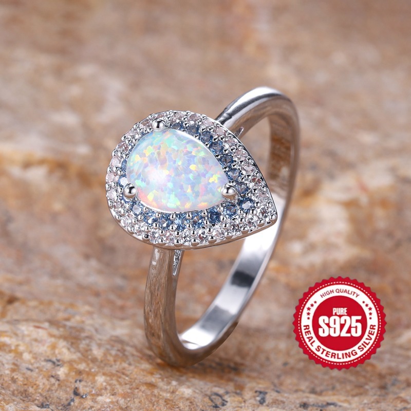 

925 Sterling Silver Promise Ring Set With Drop Shaped Opal With Zirconia Is The Perfect Engagement/wedding Gift