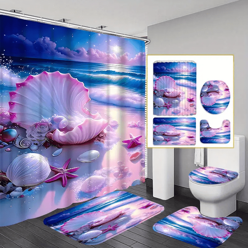 

4pcs Sea And Shower Curtain Bathroom Decoration Curtain And Mat 3- Set 12 Shower Curtain
