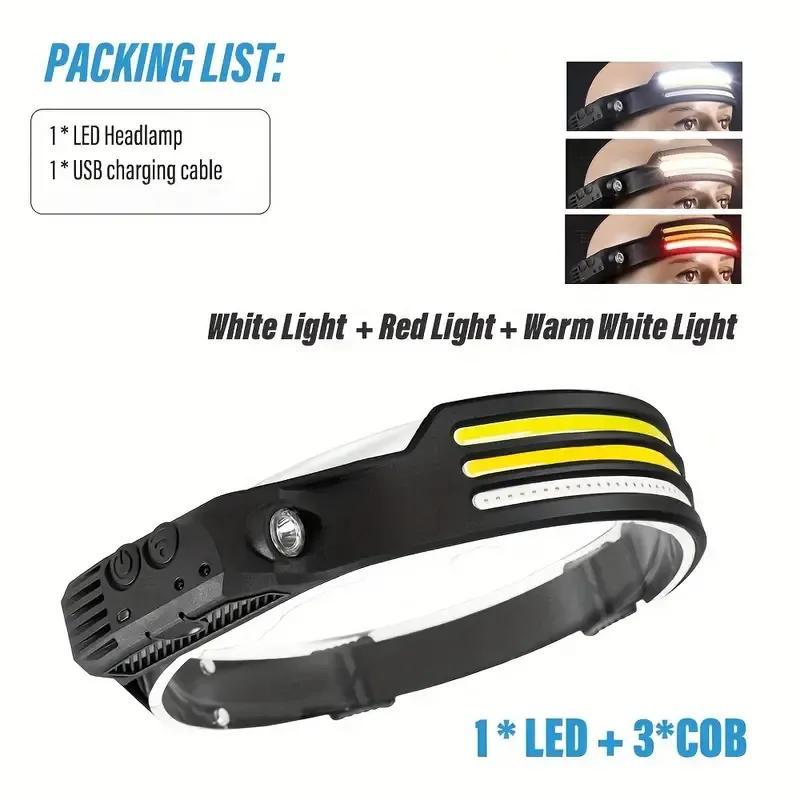 

1pc Rechargeable Cob Headlight, Rip Sensing Headlight, Led , -in Battery, Usb Rechargeable Headlight, Multiple , Cob , Suitable For , Camping, , , , Etc