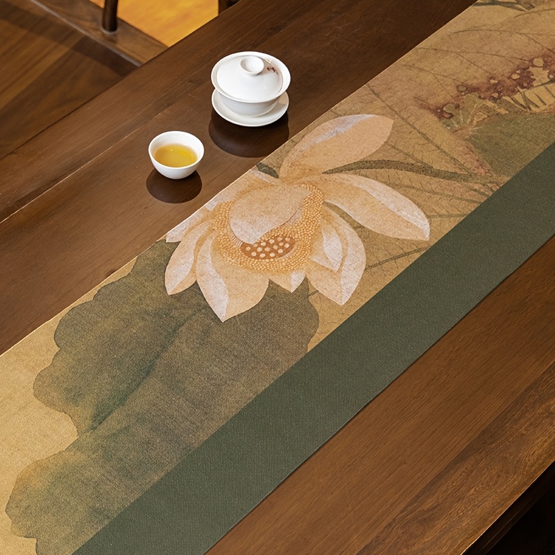 

1 Elegant Vintage Linen Table Runner - Lotus Pattern, Polyester , Rectangular, For Home, Restaurant And Commercial Decoration