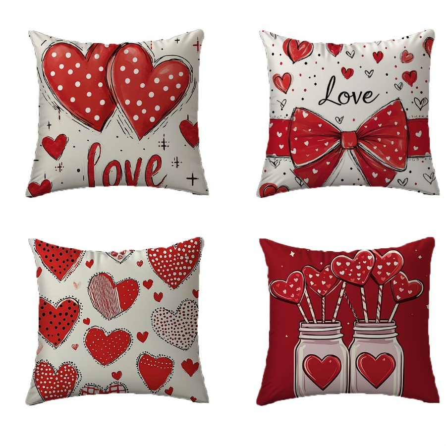 

Valentine's Day Romantic Heart And Candy Bow Throw Pillow Set Of 4, 18x18 Inch, Linen Washable With Zipper Closure - Bedroom And Living Room Decor