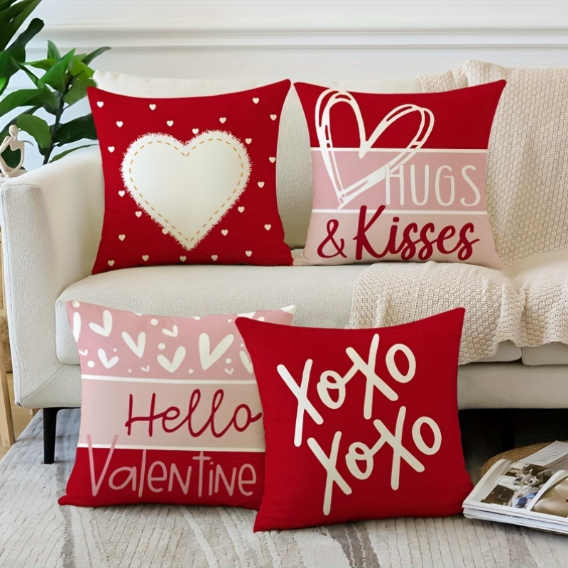 

4-piece 's Day Decorative Pillowcase, Red Heart And Love Themed Geometric Pillowcase, Zipper Design, Machine Washable, Size 18x18 Inches, For Home And Sofa Decoration