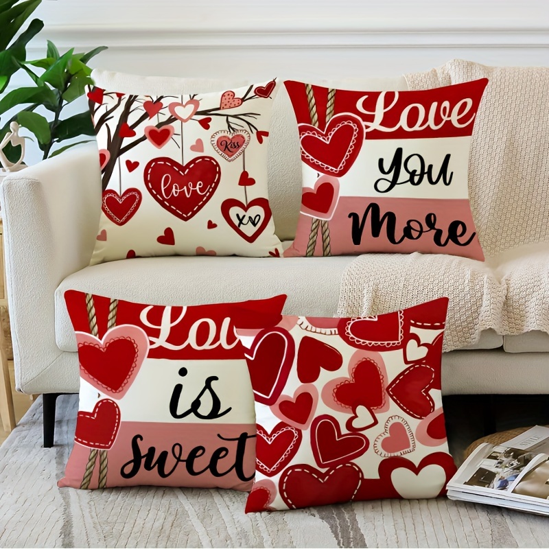 

4pcs Valentine's Day Throw Pillow Covers Set - Red , Zip Closure, Machine Washable, Polyester - Home & Bedroom Decor, 18x18 Inches (no Insert Included), Decorative Pillows