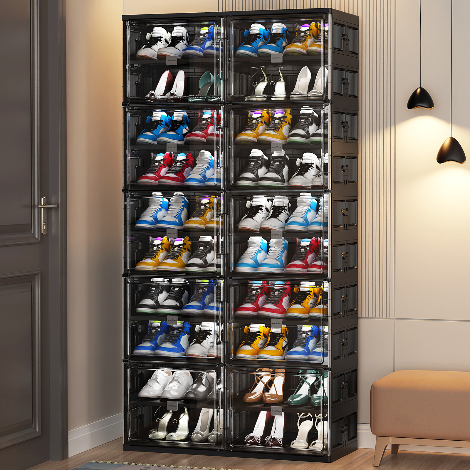 large stackable hard plastic shoe storage box cabinet for entryway collapsible sneaker shoe organizer for closet portable folding shoe cabinet with doors black details 0