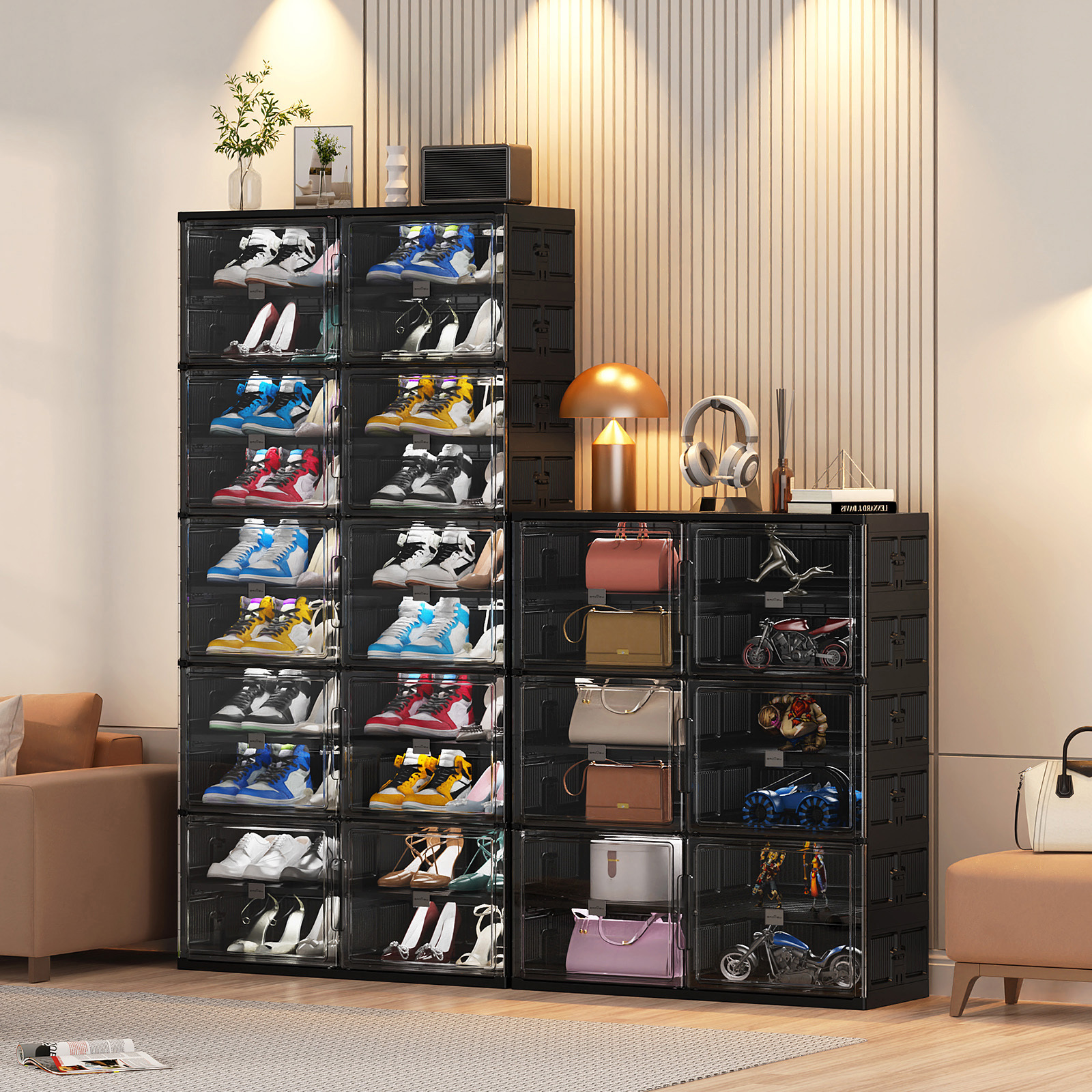 large stackable hard plastic shoe storage box cabinet for entryway collapsible sneaker shoe organizer for closet portable folding shoe cabinet with doors black details 4