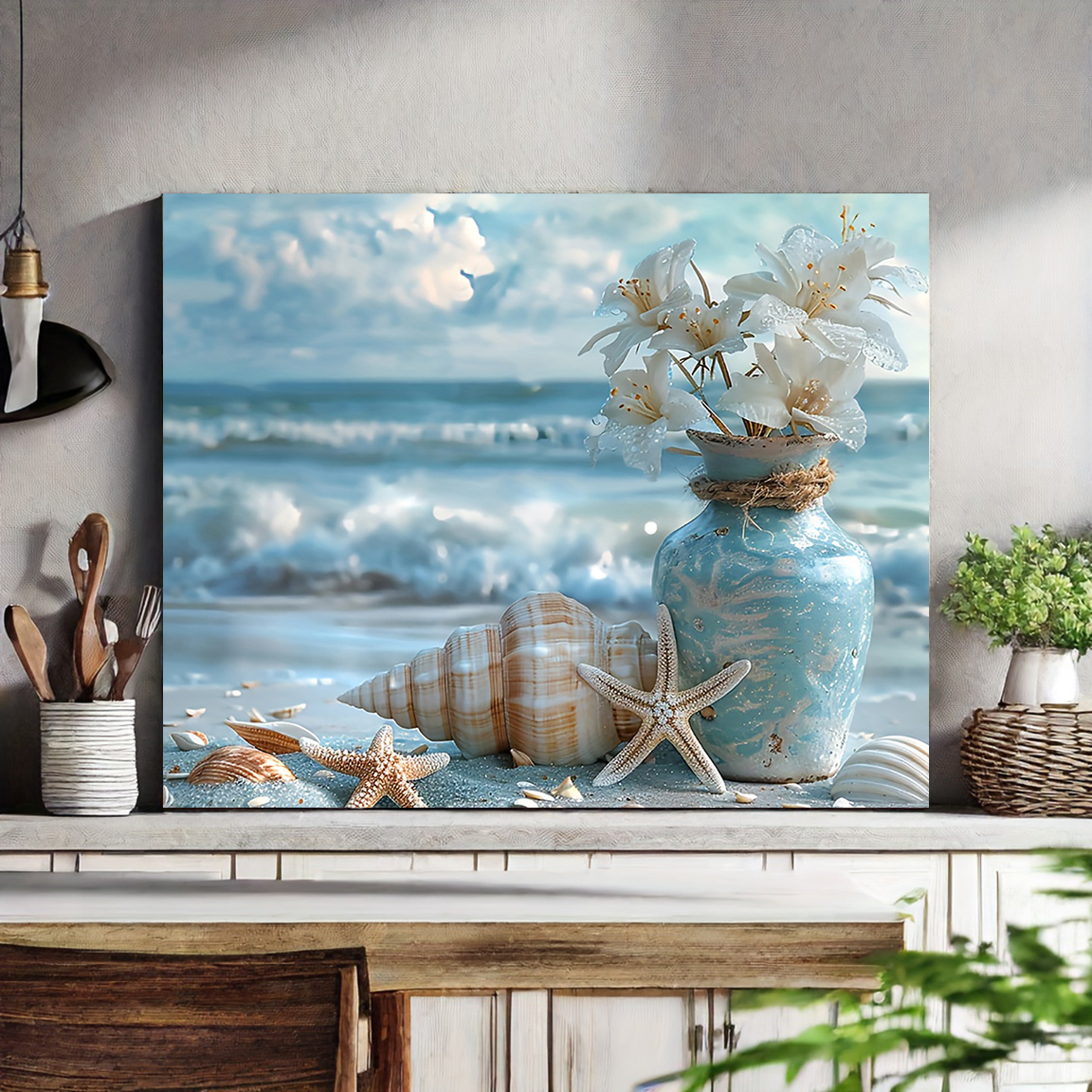 

Beach-themed Canvas Art Canvas With Flowers, Starfish & Shells - Living Room, Bedroom & Bathroom Decor, 12"x18",, Beachy Room Decor, Room Decor-wrapped Canvas