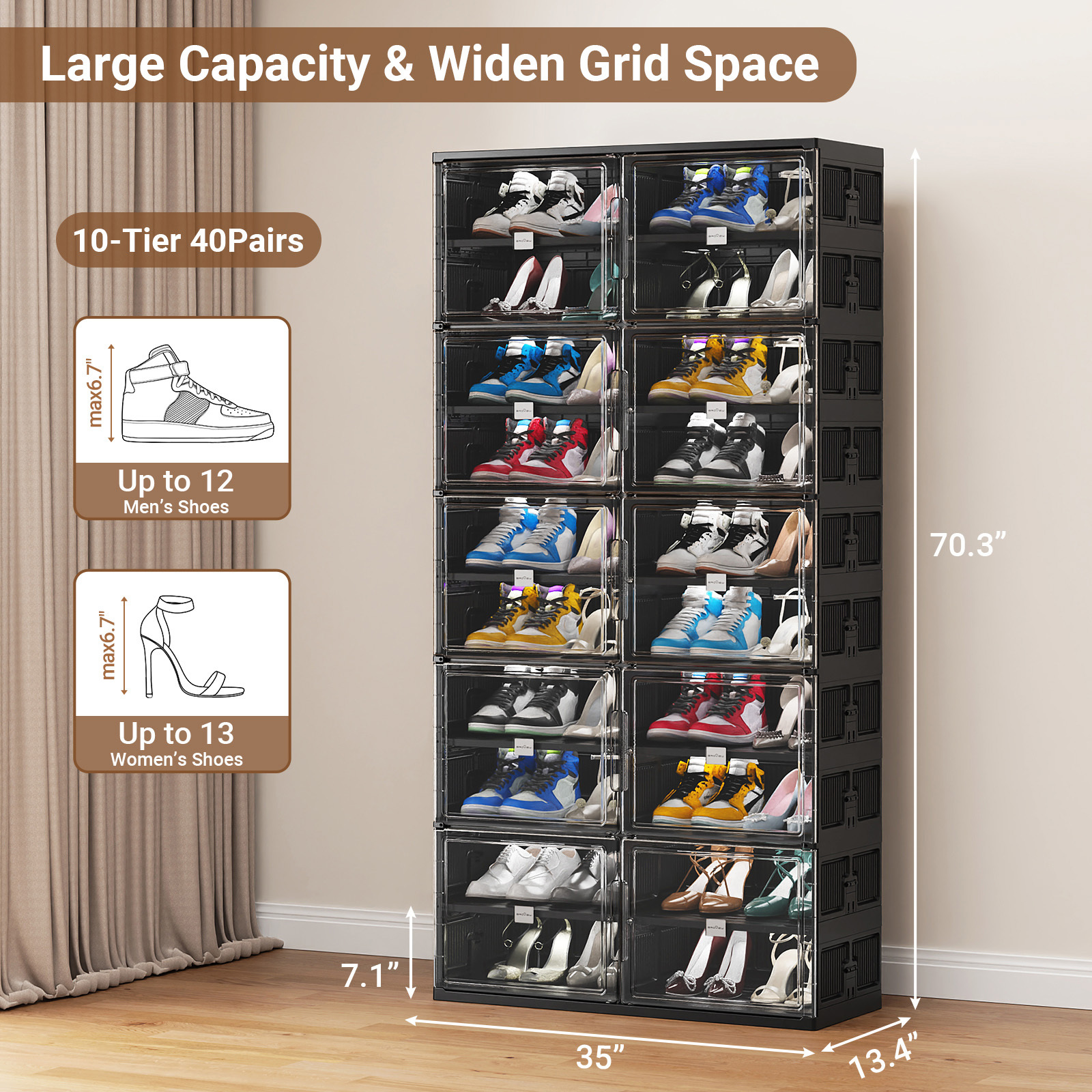 large stackable hard plastic shoe storage box cabinet for entryway collapsible sneaker shoe organizer for closet portable folding shoe cabinet with doors black details 1