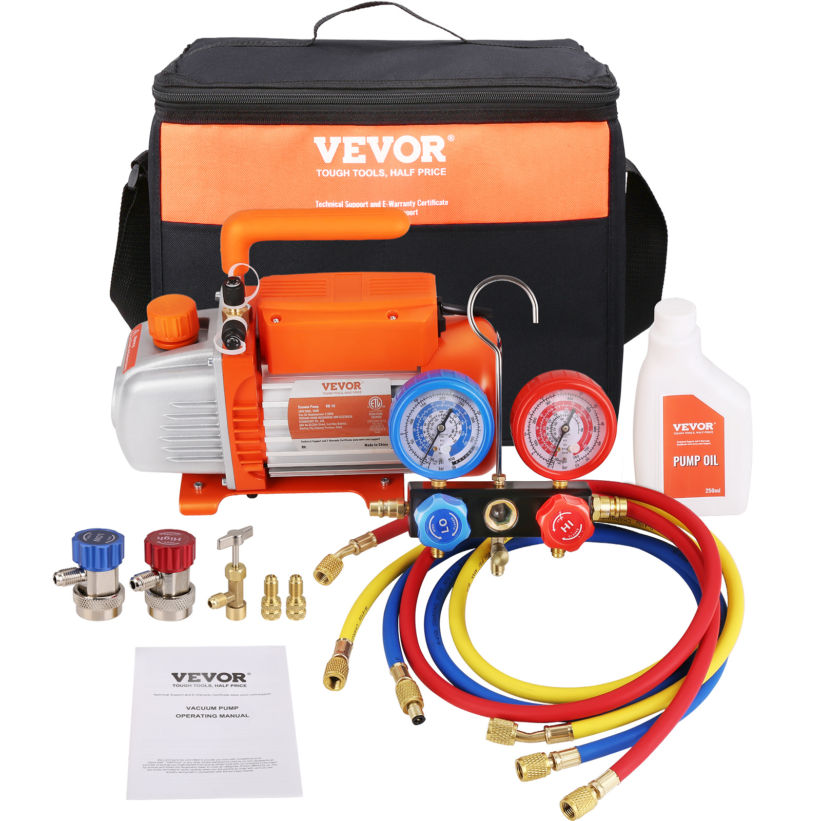 TEMU Vevor 1/5 3.5 Cfm Ac Vacuum Pump And Gauge Set, Rotary Vane Hvac Air Vacuum Pump A/c refrigerant kit Manifold Gauge Set, With Three-color Hose Carry Bag, Applicable To R134a, R410a