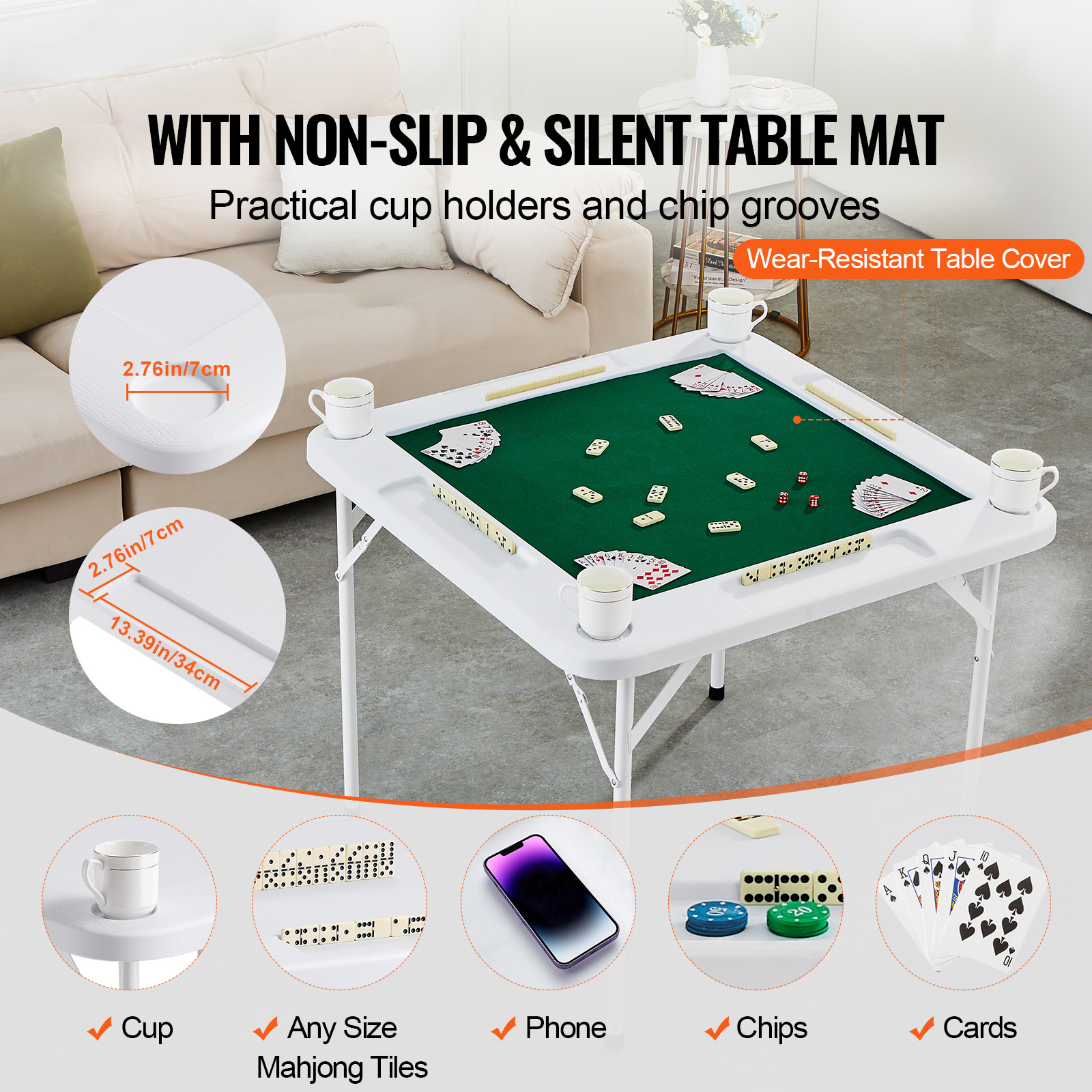 VEVOR Mahjong Table 4 Player Folding Card Table & Table Mat Cup Holder Chip Tray