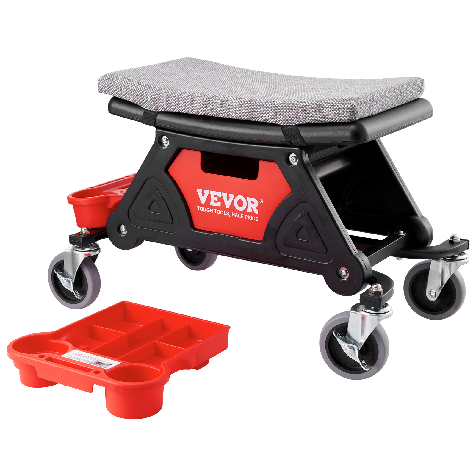 Vevor Mechanics Stool, 300 Lbs Capacity Rolling Mechanic Seat With 4" Wheels, With 3 Slide Out Tool Trays And Drawer, Heavy Duty Roller Creeper Seat For Home Garage