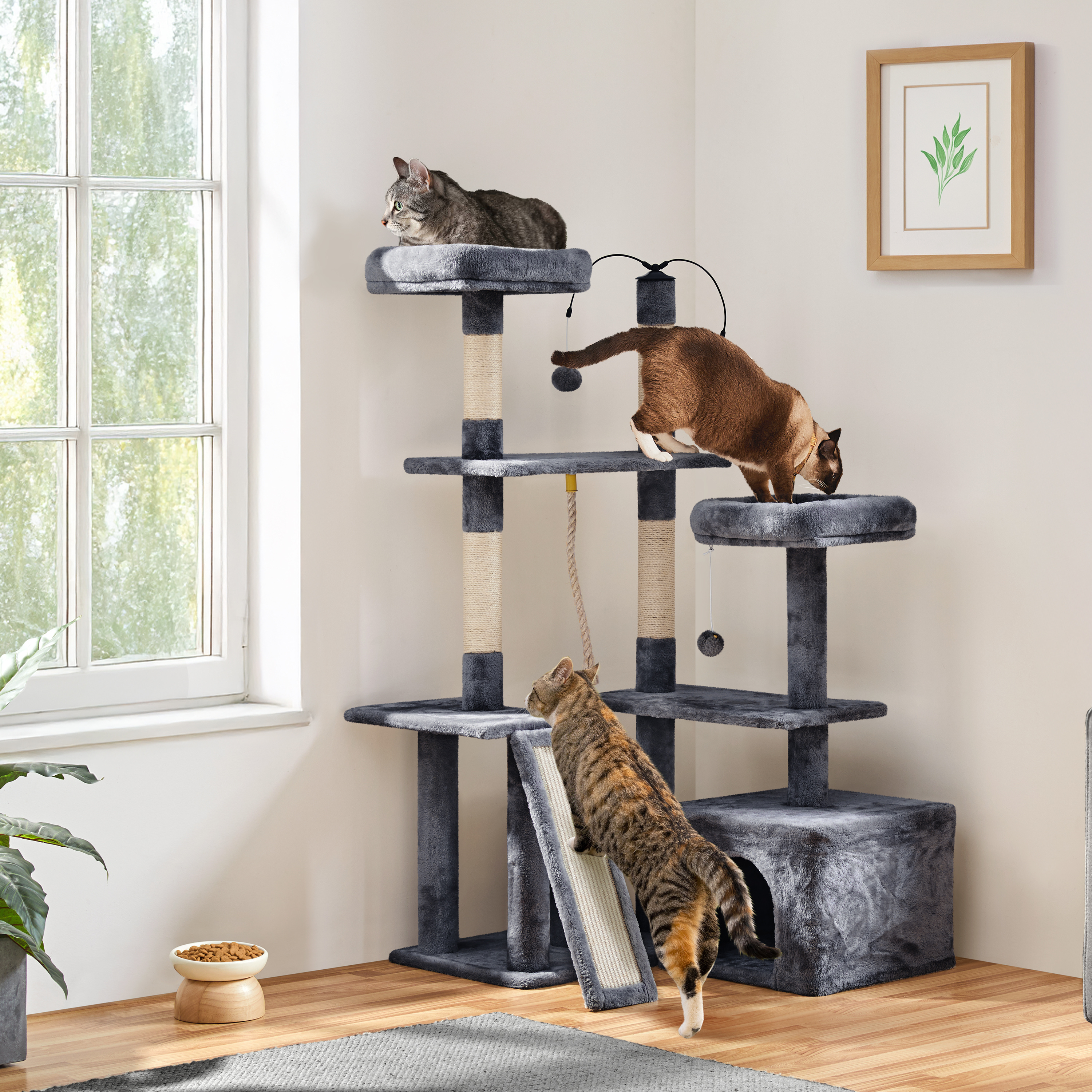 

53.5 Inches Multi-level Plush Cat Tree With Sisal Scratching Posts & Condos & Balls & Ramp For Kittens