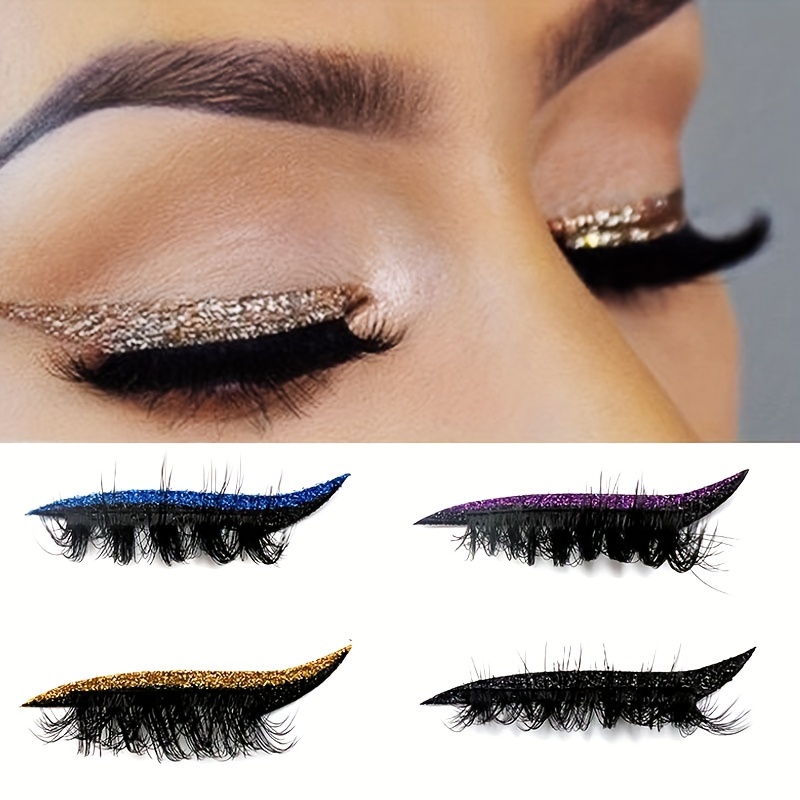 

4 Pairs Glitter Self-adhesive Eyeliner And False Eyelashes Set - Waterproof, Required, Suitable For Party And Stage Makeup