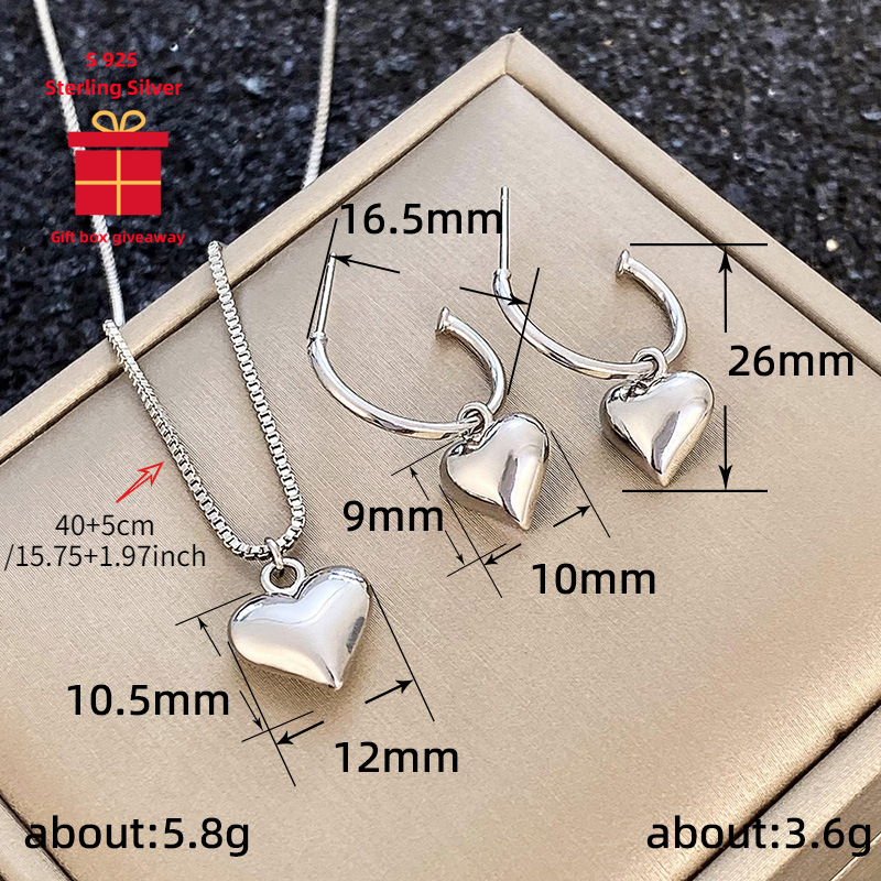 

925 Silver Heart-shaped Necklace With Earrings Set, Ladies' Pendant Necklace Earrings,suitable For , Birthday Gift, Christmas Gift, Gift , Gift Box For Gifting