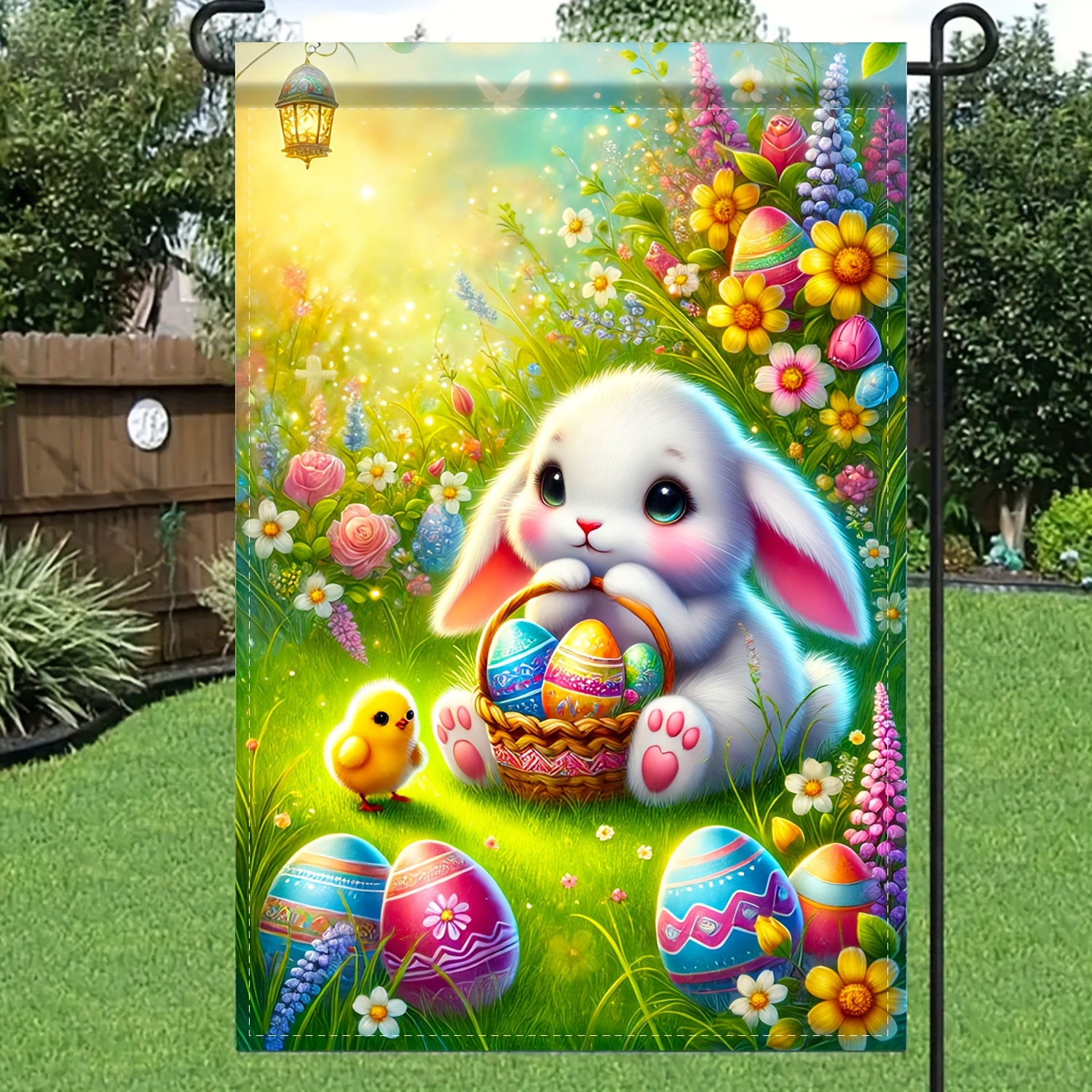 

Easter Bunny Garden Flag, 12x18 Inch Double-sided Polyester Outdoor Decorations, With Colored Eggs, Weather-resistant Patio And Lawn Decorations, No Flagpole Required