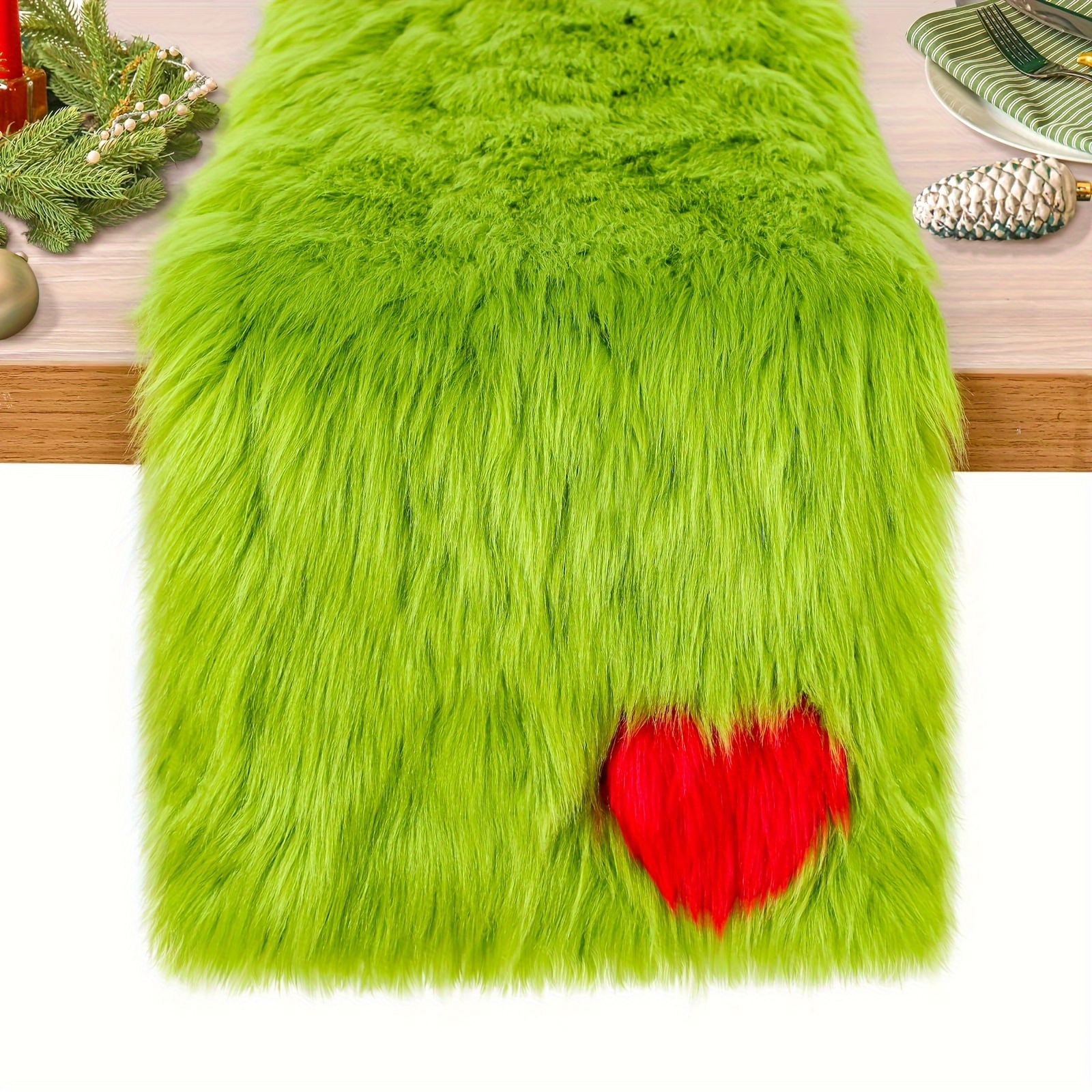 

1pc Festive Christmas Green Fur Table Runner - Polyester Decorative Table Runner For Holiday Party, Kitchen, Fireplace, Dining Room, Kitchen, Restaurant, Hotel, Home Furnishings Decoration