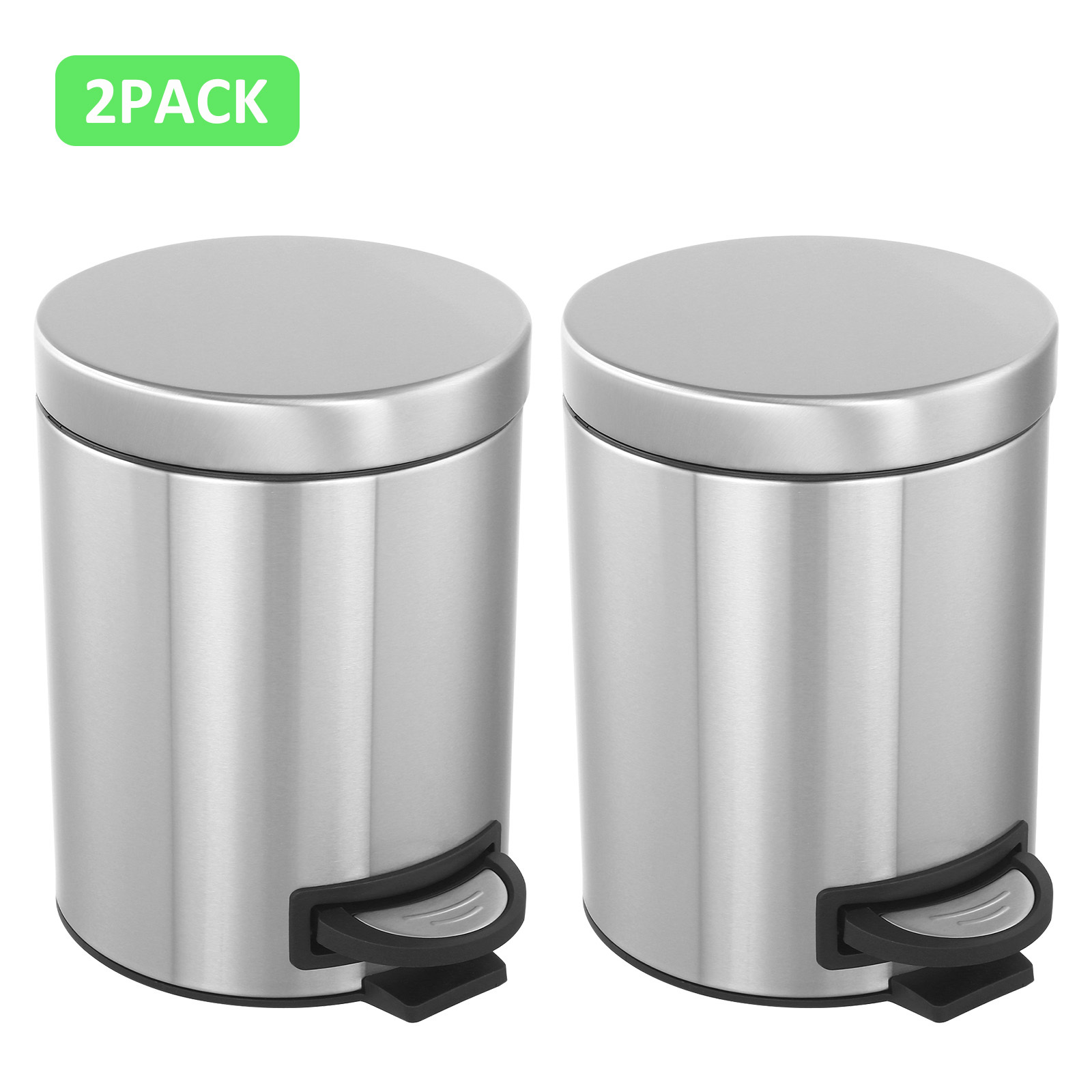 

2pack- 5l/ 1.3 Gallon Premium Stainless Steel Trash Can, Small Round , Bathroom Trash Bin With Soft Close Lid Foot Pedal & Inner Bucket, Kitchen Home Office Bedroom Living Room