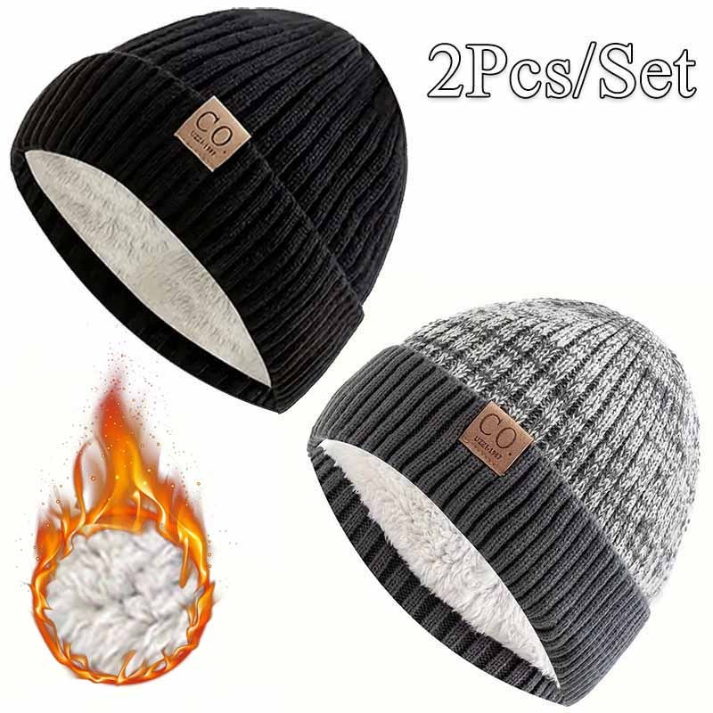 

2pcs/set Casual Men's Knitted Hat Vintage Color Knitted Brimless Hat Outdoor Sports Warm Knitted Hat For Unisex