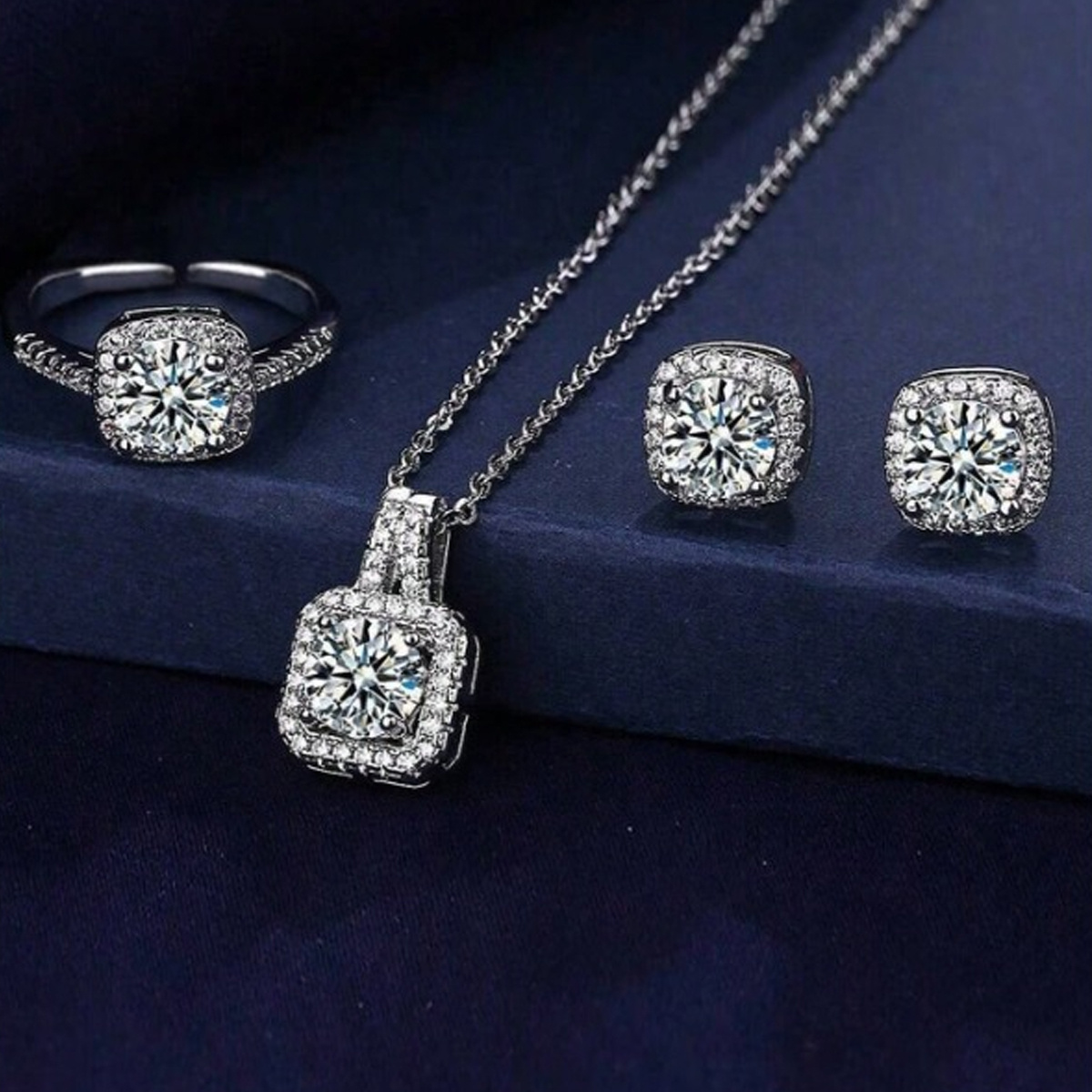 

European And Zircon -piece Square Bag Necklace Ring Earrings Female