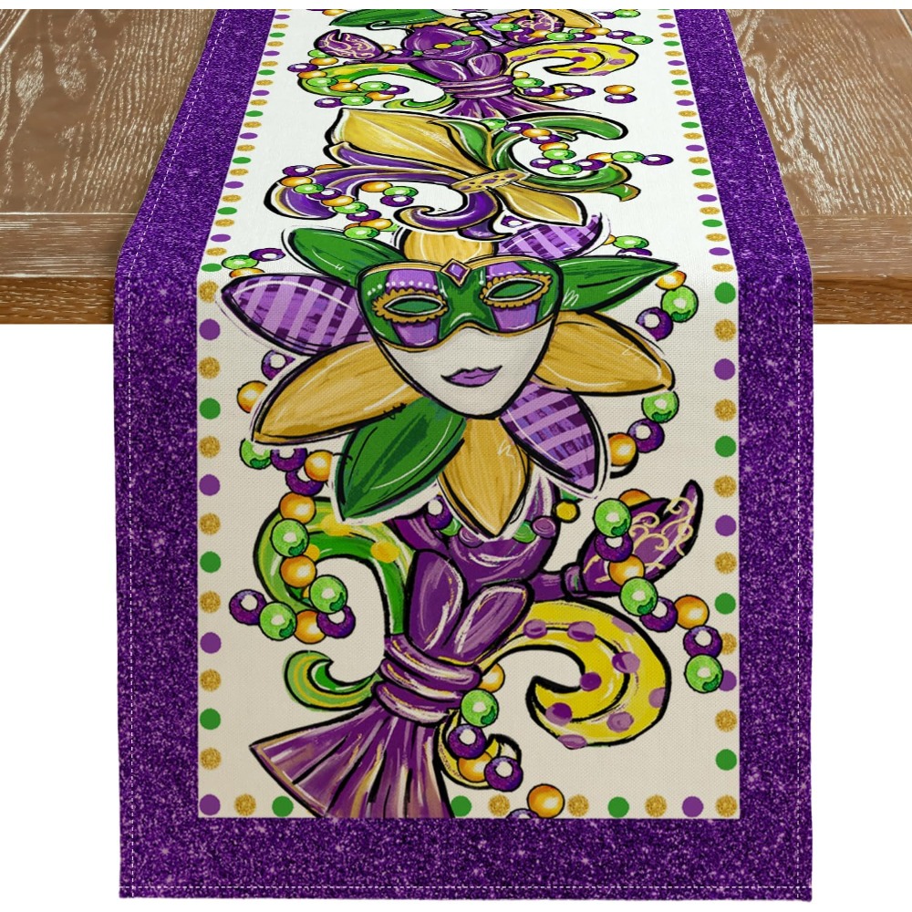 

Mardi Gras Table Runner 72x13 Inch Iris Mask Beads Purple Mardi Gras Tabletop Decorations, Burlap Farmhouse Indoor Outdoor Holiday Decorations For Home Party