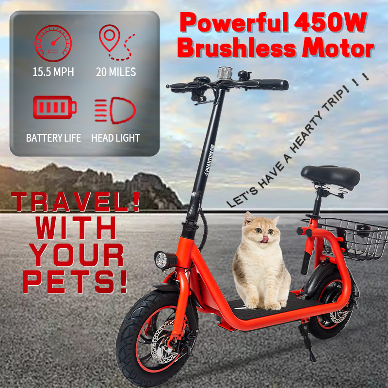 

Phantomgogo For Adults - Aluminum Body Foldable Scooter With Seat & Carry Basket - 450w Brushless Motor 36v - 15.5mph 265lbs Max E Mopeds For Adults