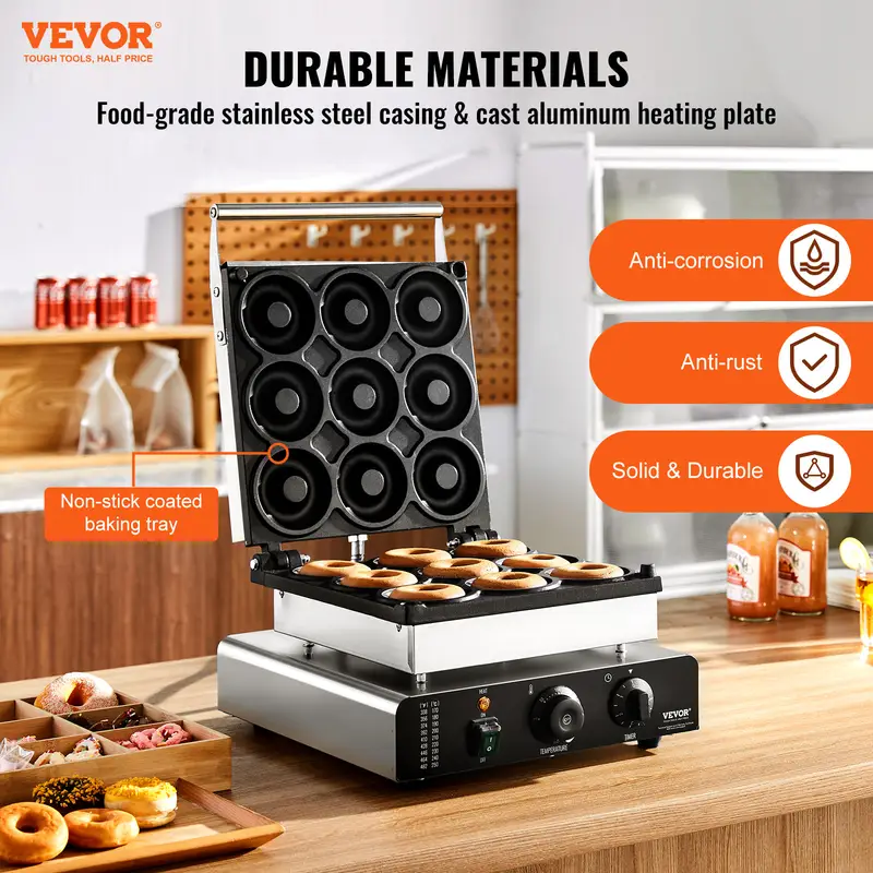 electric donut maker 2000w commercial doughnut machine with non stick holes double sided heating waffle machine 9 doughnuts temperature 122 572 for restaurant and home use Product details 2