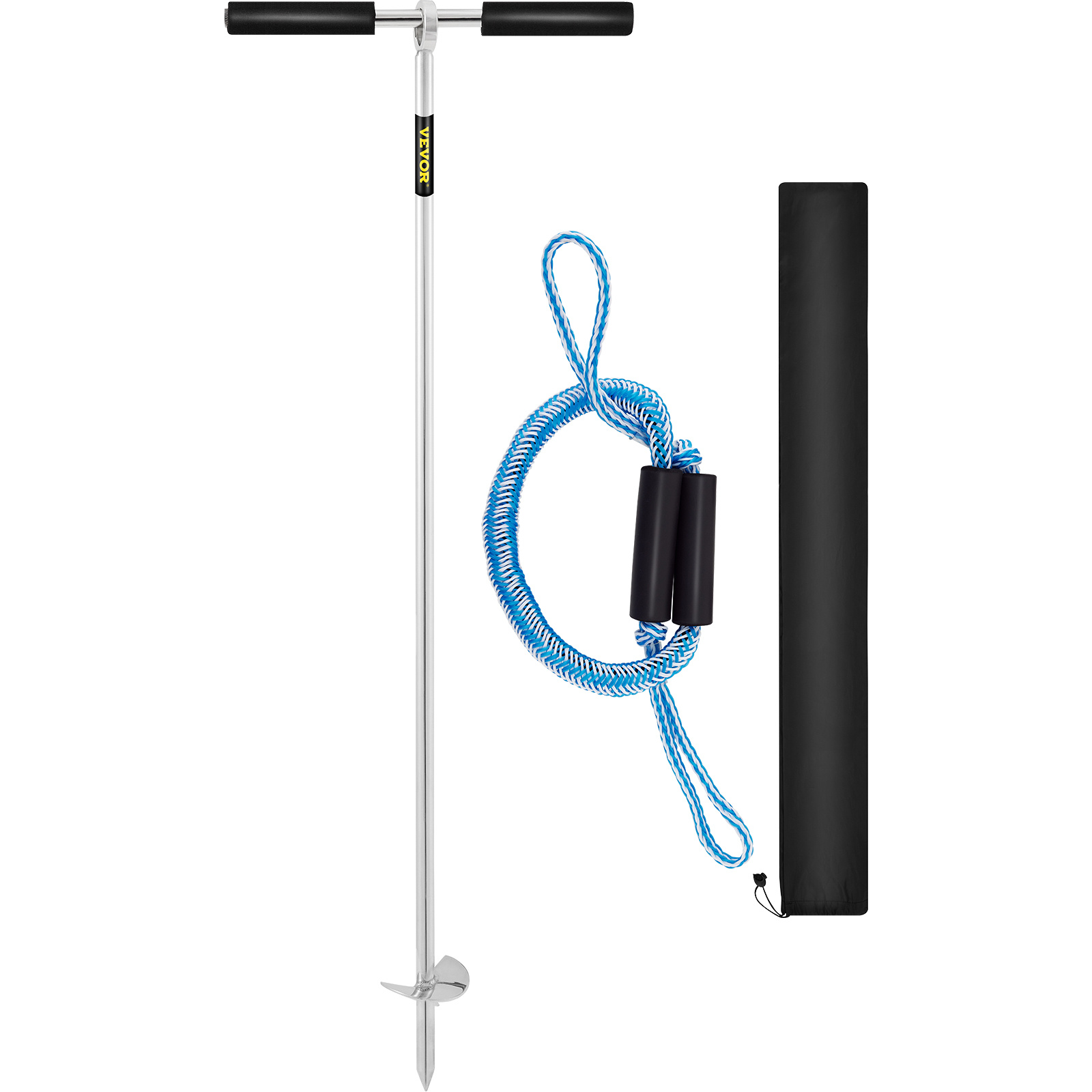 Vevor Sand Anchor, 36\" Length Auger To The Beach And , Steel Screw Anchor With Removable Handle, Bungee Line & Carry Bag, For Jet Ski Pwc Pontoon Kayak