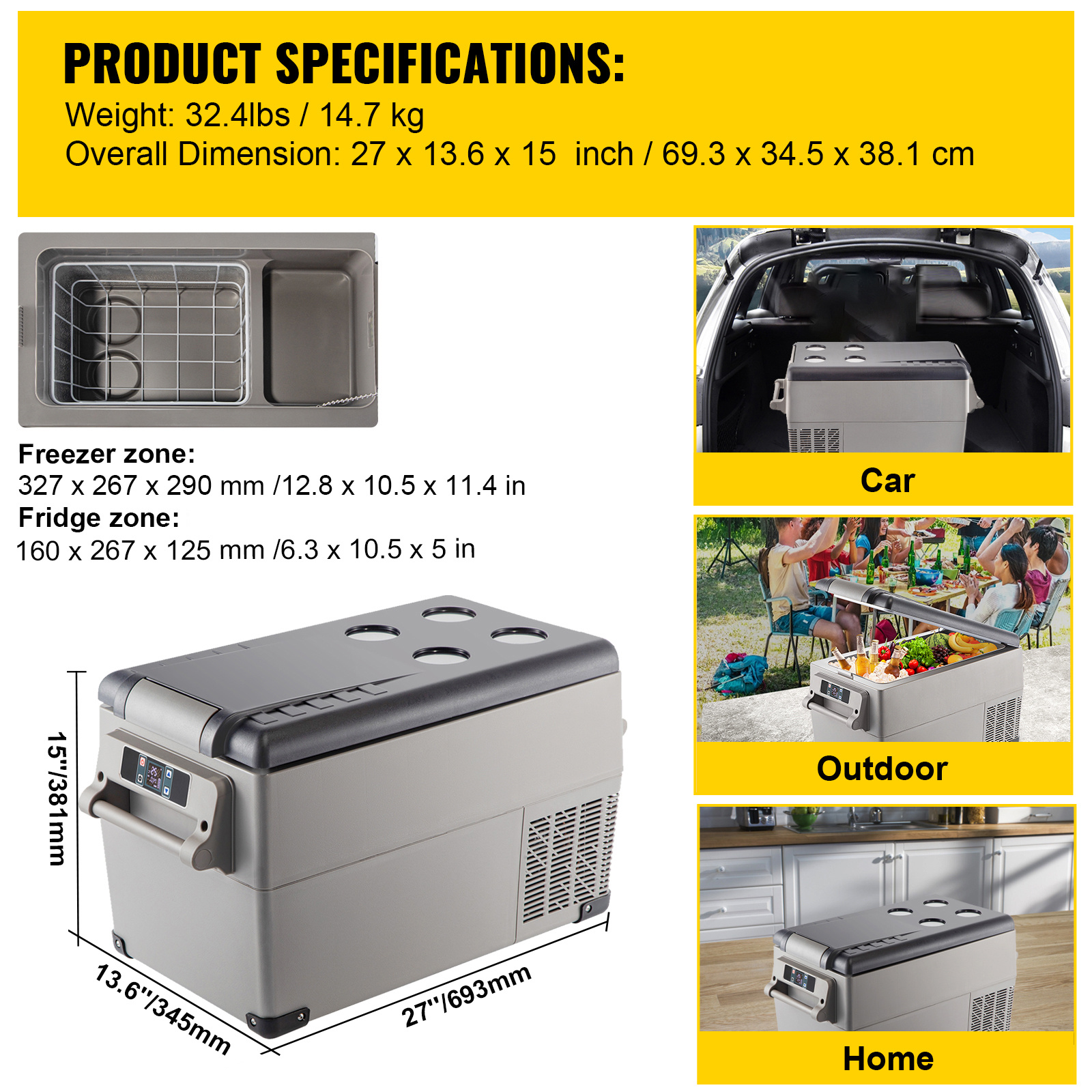 VEVOR Portable Refrigerator 37 Quart (35 Liter),12 Volt Refrigerator App Control (-4℉~68℉), Car Refrigerator Dual Zone with 12/24v DC & 110-240v AC for Camping, Travel, Fishing, Outdoor or Home Use