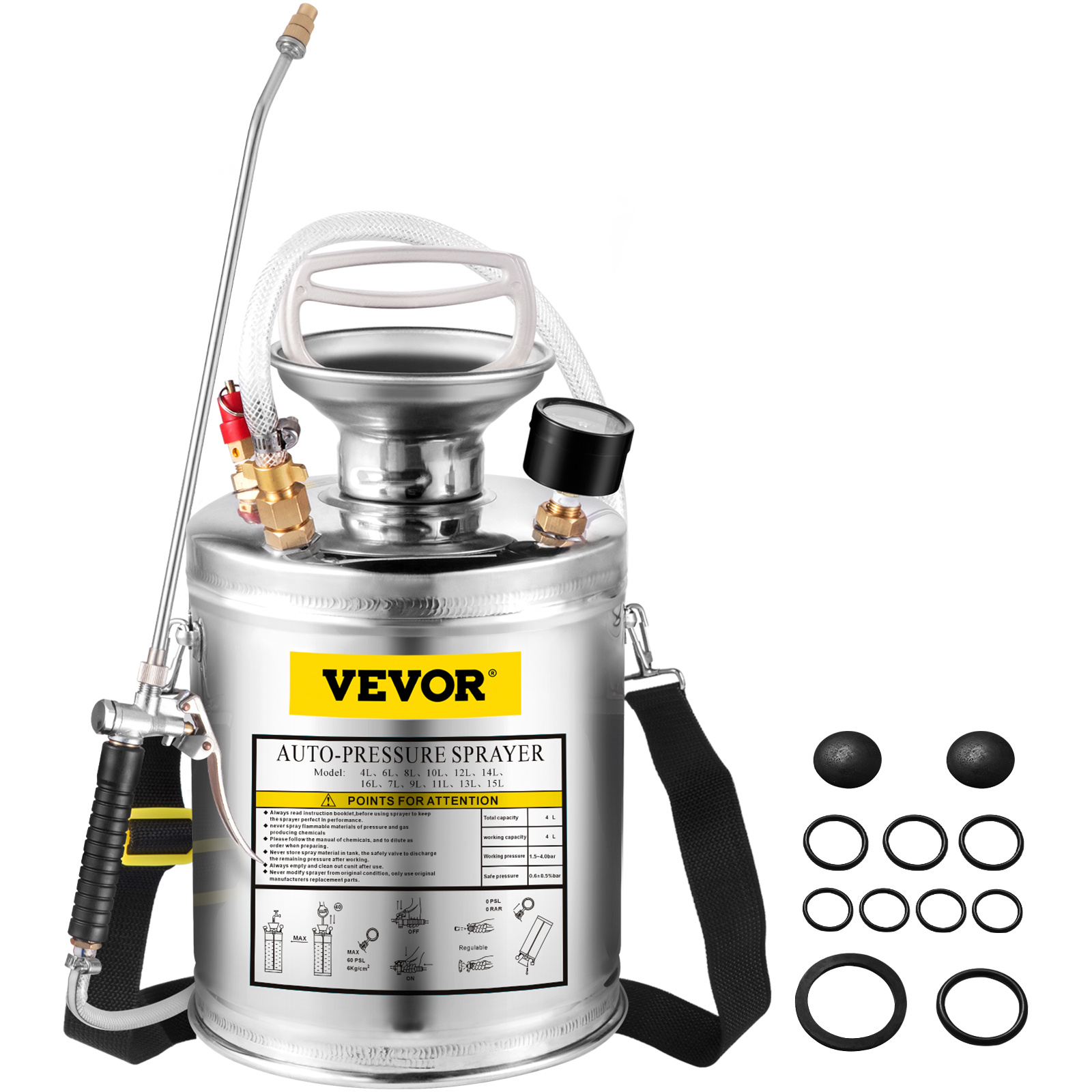 TEMU 1gal Stainless Steel, Set With 12" Wand& Handle& 3ft Reinforced Hose, Hand Pump Sprayer With Pressure Gauge&, Adjustable Nozzle Suitable For