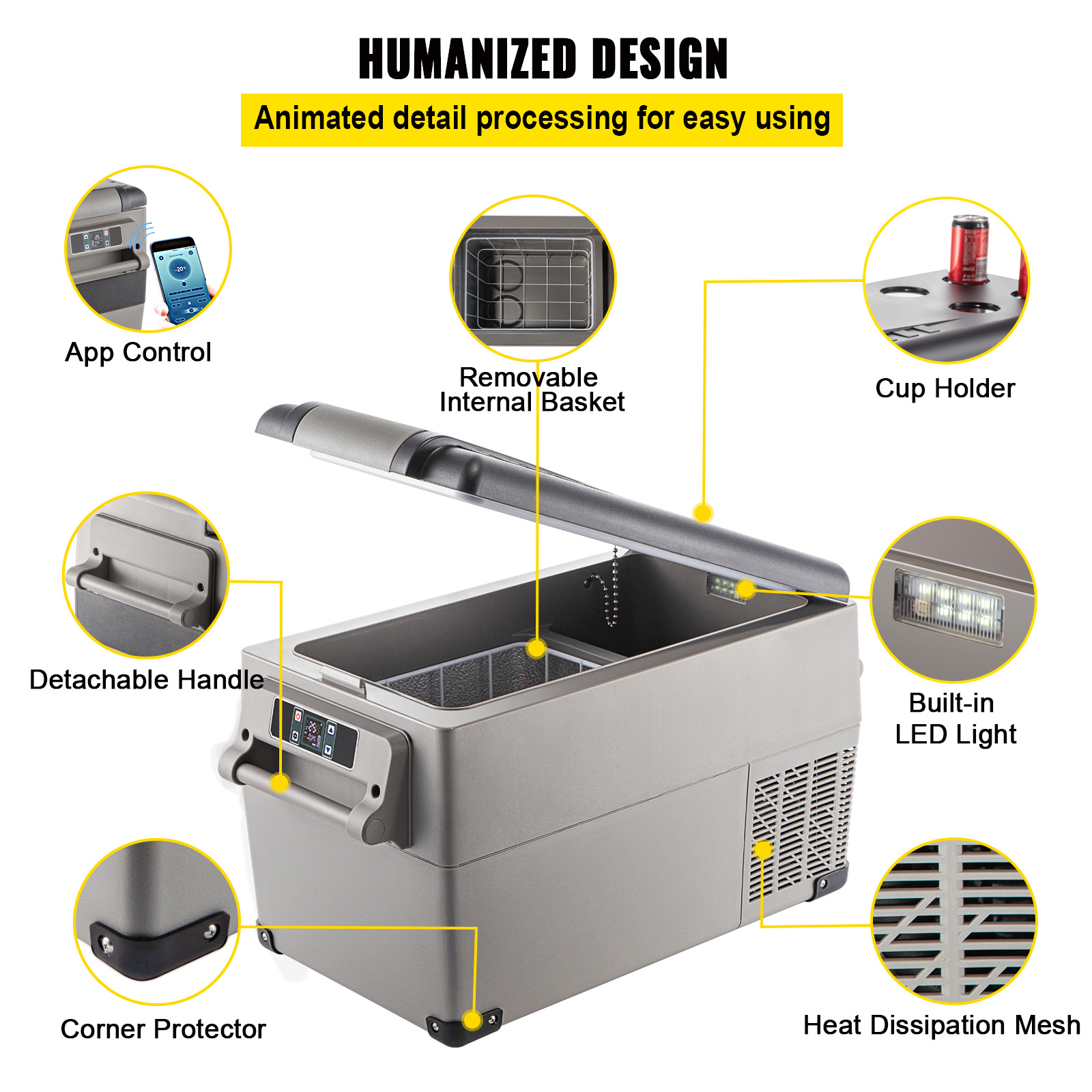 VEVOR Portable Refrigerator 37 Quart (35 Liter),12 Volt Refrigerator App Control (-4℉~68℉), Car Refrigerator Dual Zone with 12/24v DC & 110-240v AC for Camping, Travel, Fishing, Outdoor or Home Use