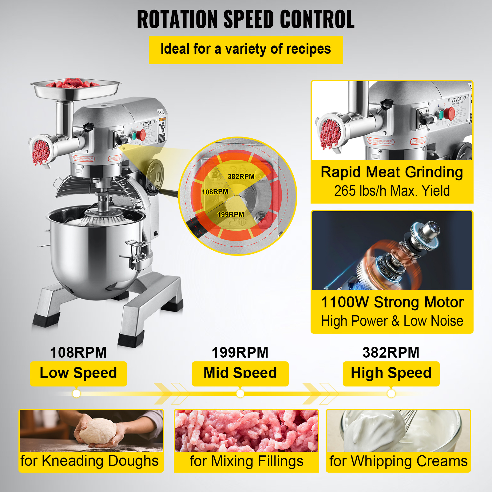 commercial stand mixer 20qt stainless steel bowl 1100w 2 in 1 multifunctional electric food mixer with meat grinder 3   dough hook whisk beater included   bakery   Product details 3