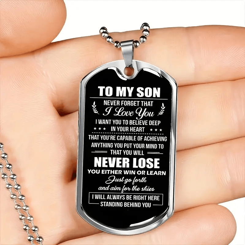 

Text Print Dog Tag Enamel Stainless Steel Pendant Necklace - Perfect Gift Foranniversaries, Graduations, And Birthdays Gift To Son.