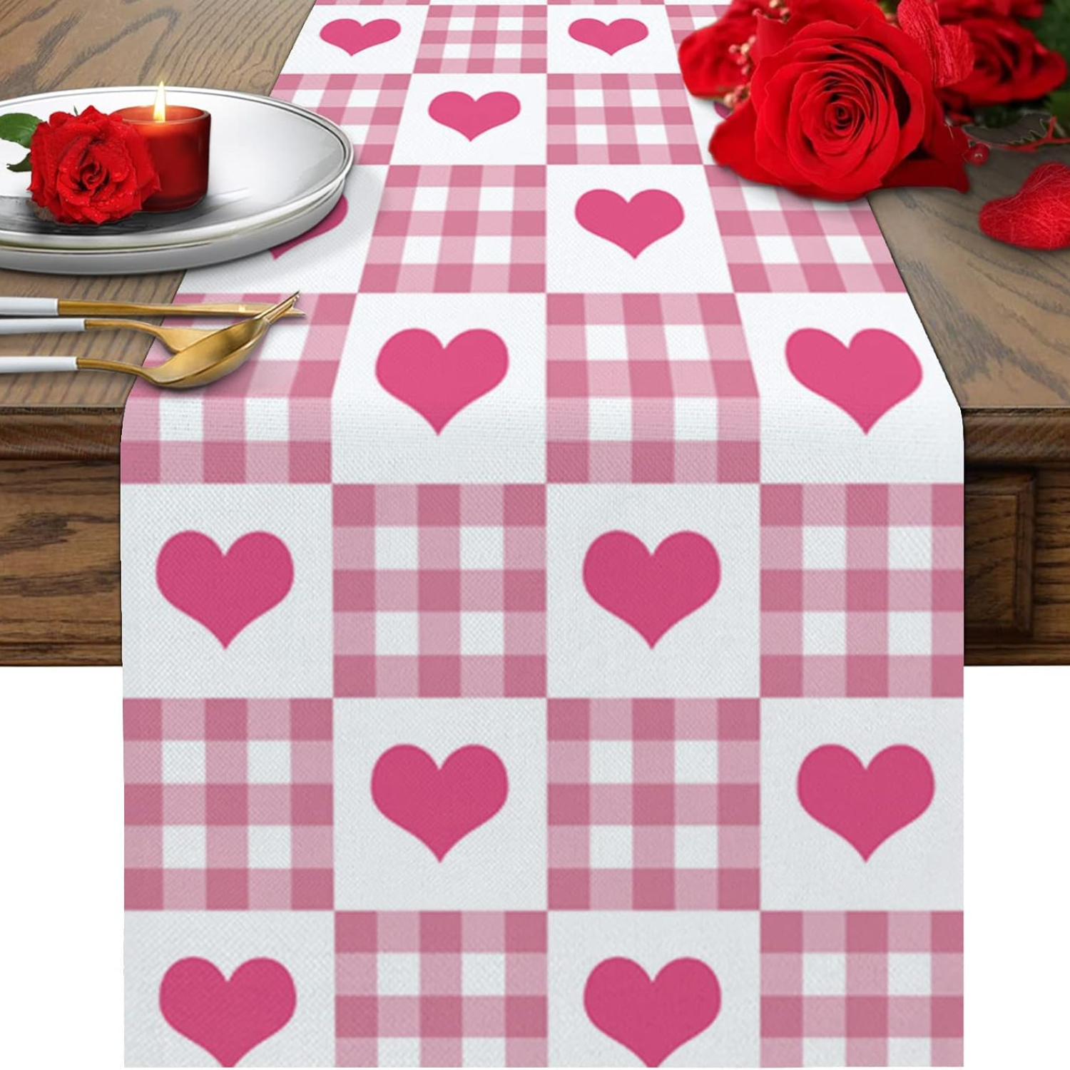 

Valentine's Day Pink Checkered Love Table Runner, Linen Tablecloth Dressing Table Scarf, Suitable For Party Wedding, Coffee/table Flag, Love Home Decoration